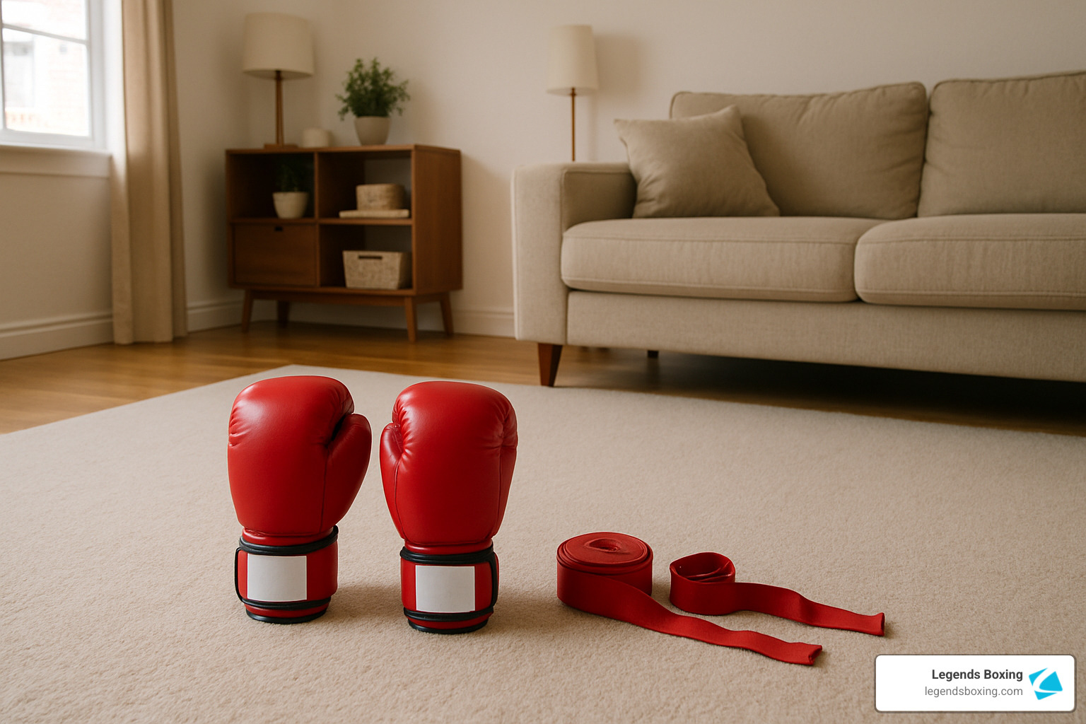 Red boxing gloves and matching red hand wraps laid out on a living room carpet beside a beige couch — showing the minimal home setup needed to start a beginner boxing cardio workout — Legends Boxing branded