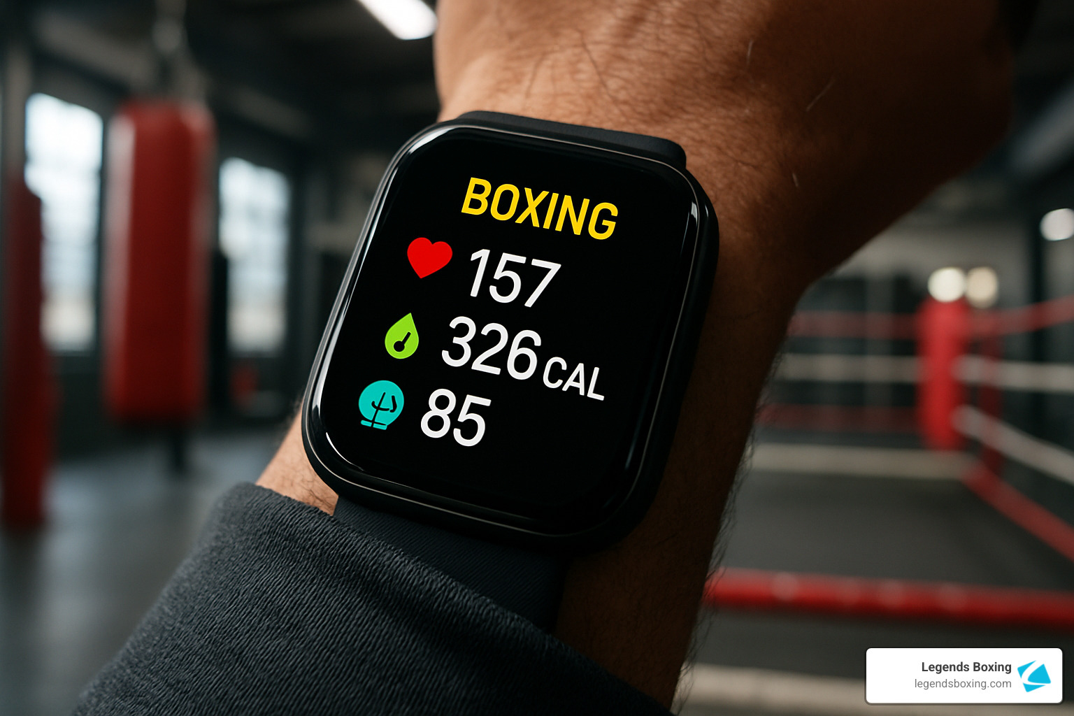 Smart watch on a wrist showing a BOXING workout session — heart rate 157 bpm, 326 CAL burned, intensity score 85 — boxing ring visible in the blurred background — Legends Boxing branded