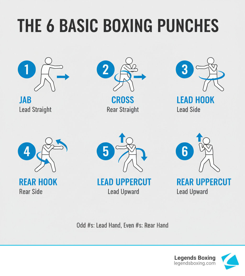 The 6 Basic Boxing Punches infographic — six panels with blue numbered circles and stick figures demonstrating 1 Jab (Lead Straight), 2 Cross (Rear Straight), 3 Lead Hook (Lead Side), 4 Rear Hook (Rear Side), 5 Lead Uppercut (Lead Upward), 6 Rear Uppercut (Lead Upward) — Odd numbers are lead hand, even numbers are rear hand — Legends Boxing