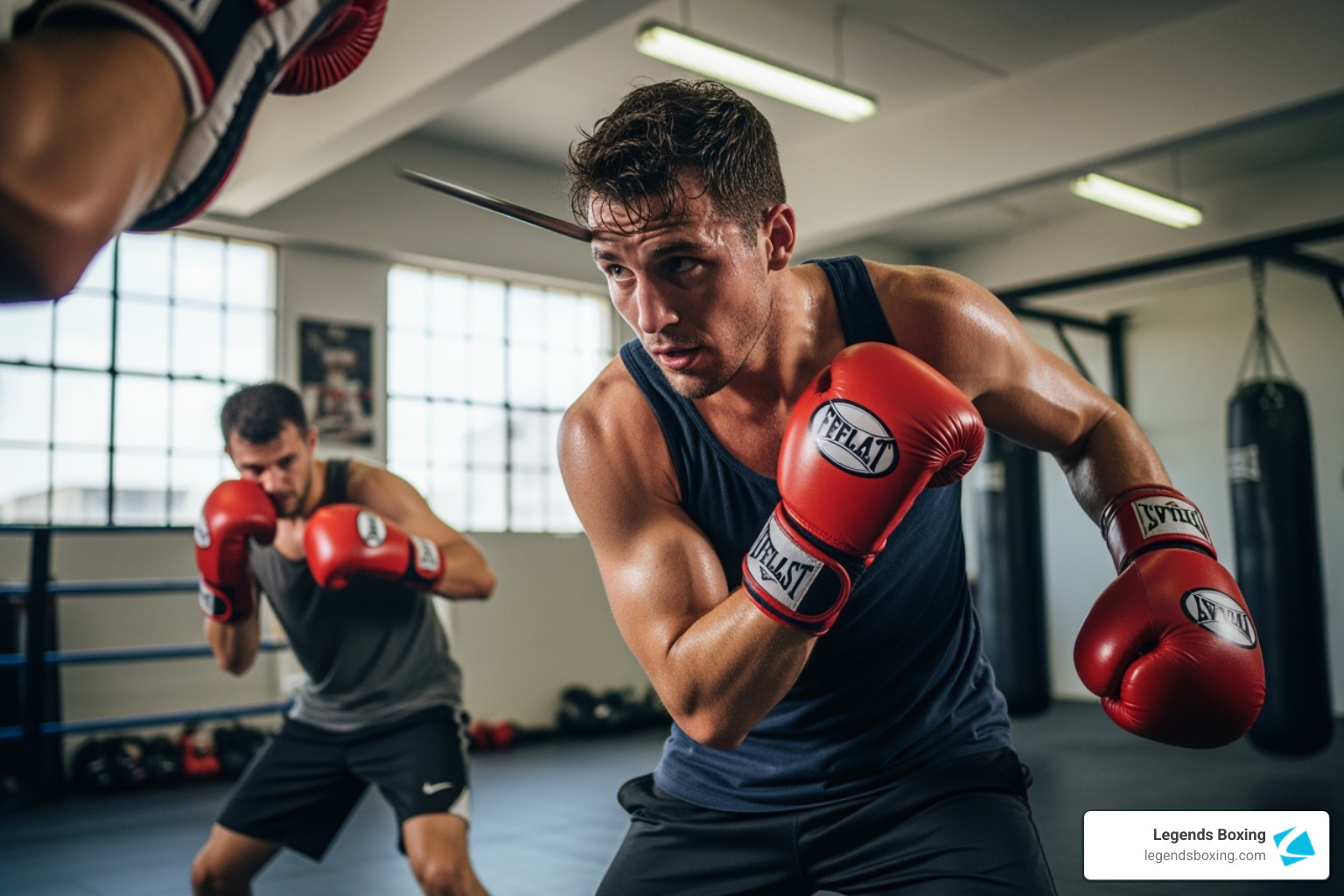 Two boxers in red Everlast gloves training in a gym — foreground boxer leaning into a body punch in a navy tank, background boxer in guard stance, boxing ring and heavy bags visible — beginner boxing sparring drill — Legends Boxing