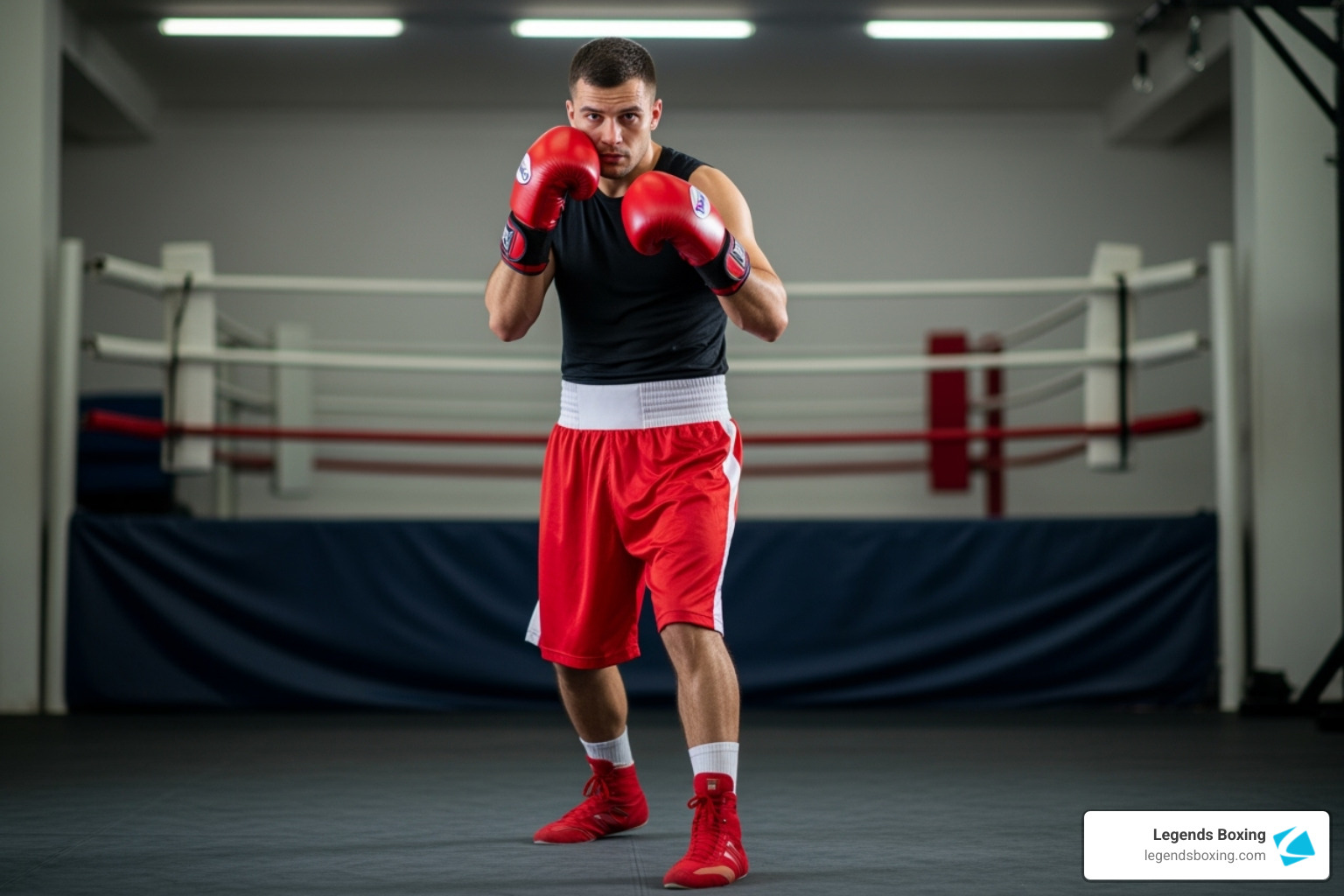 Boxer in full Orthodox guard stance — red gloves raised in guard position, wearing black tank and red shorts, standing in front of a boxing ring — beginner boxing moves stance guide — Legends Boxing