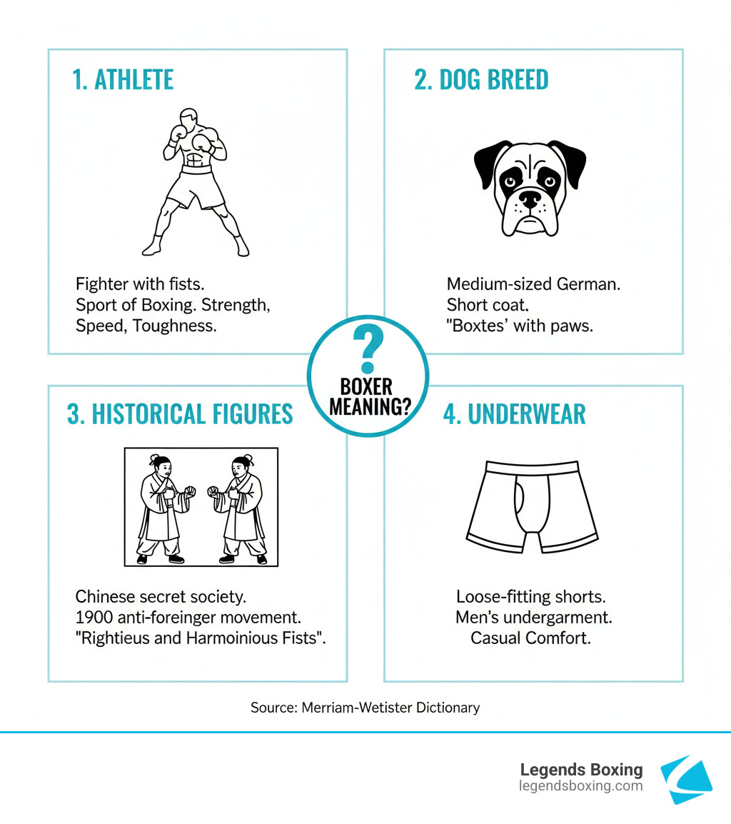Infographic showing the four meanings of boxer: athlete, dog breed, historical figures, and underwear