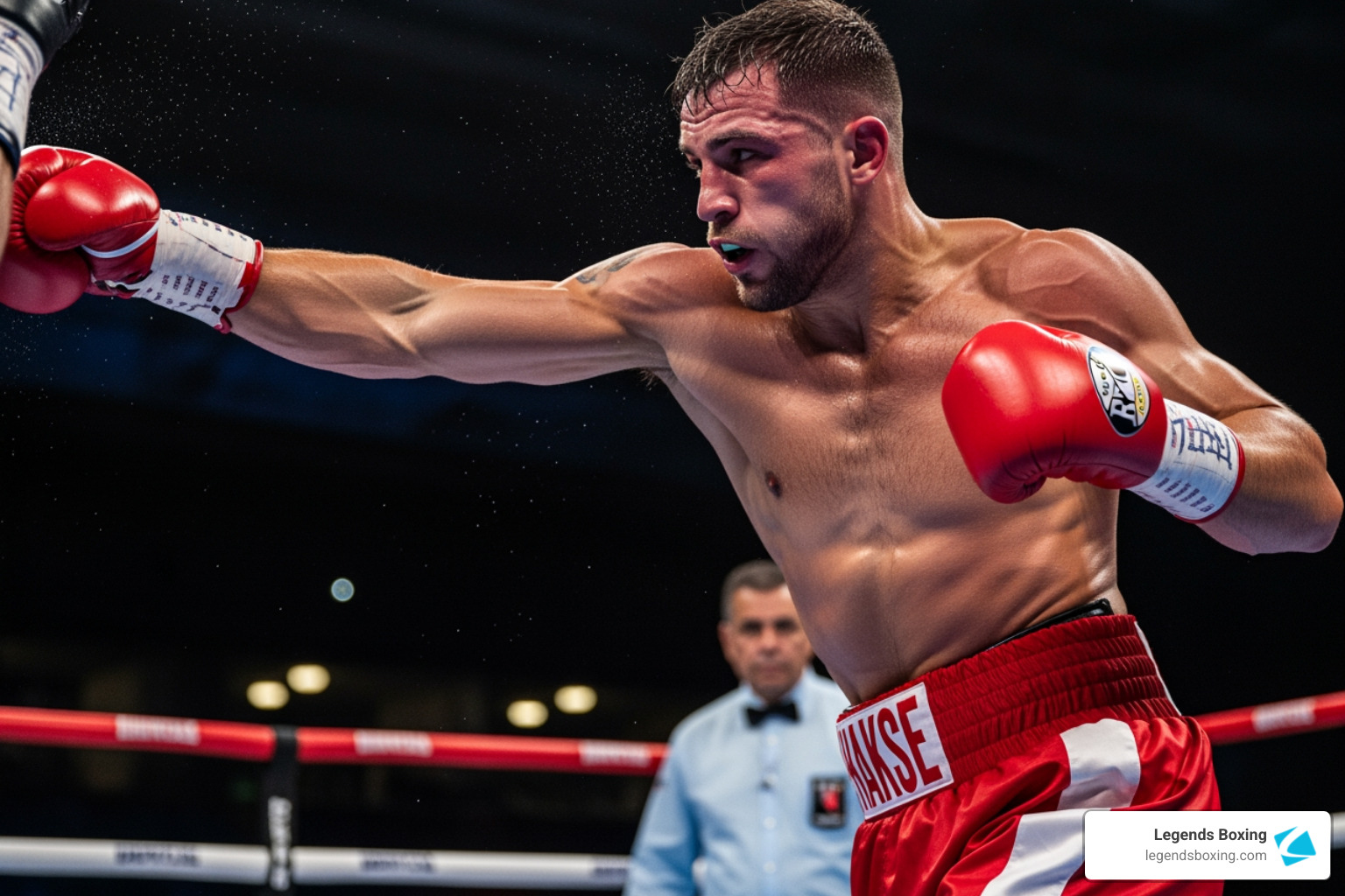 Boxer extending a sharp jab in a professional ring, red gloves