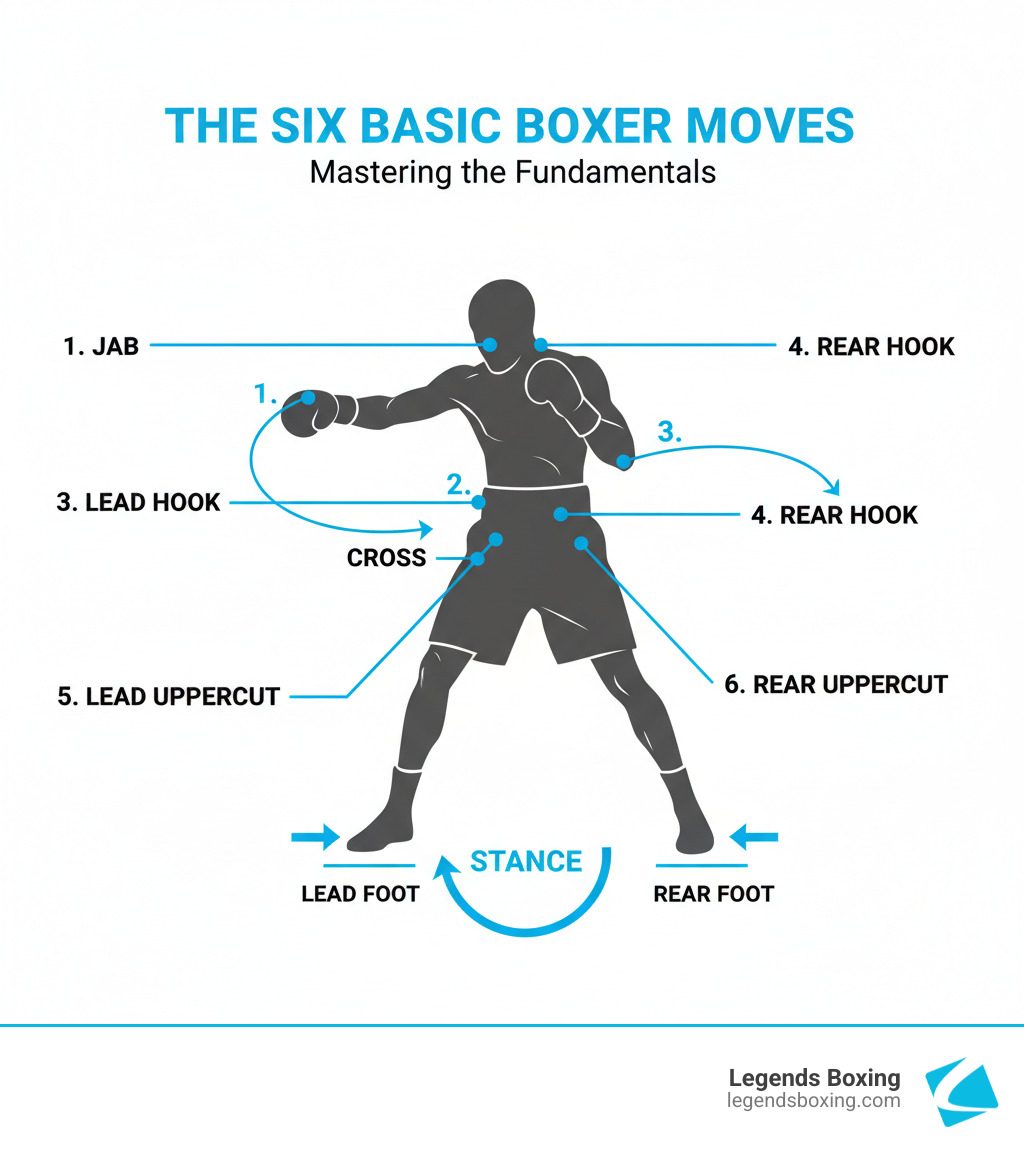 The Six Basic Boxer Moves — labeled silhouette diagram showing jab, cross, lead hook, rear hook, lead uppercut, rear uppercut, and stance indicators