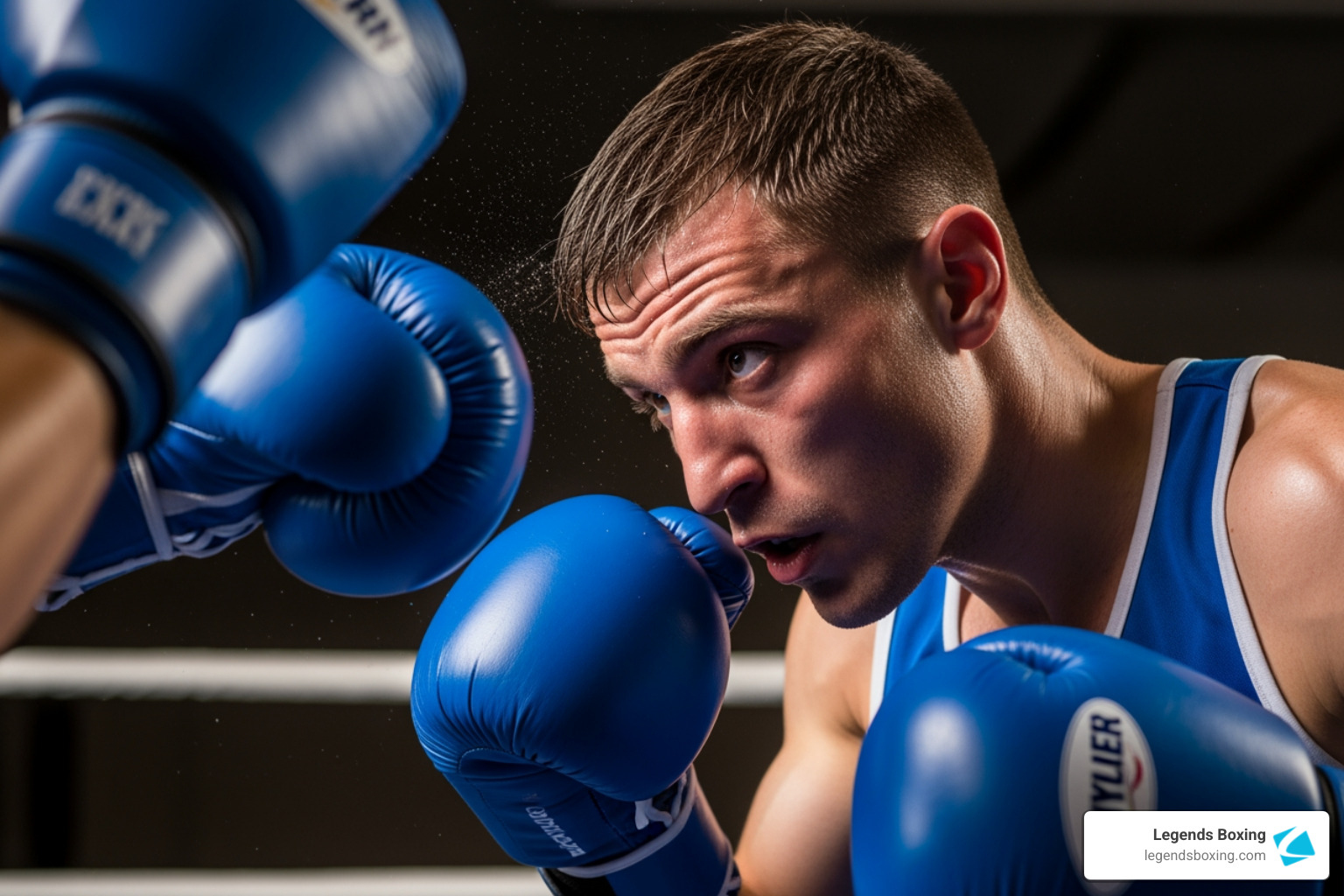 Boxer in blue gloves slipping a punch at close range — defensive head movement