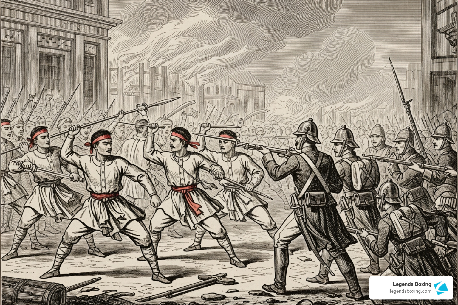 Historical illustration depicting the Boxer Rebellion in China, 1900