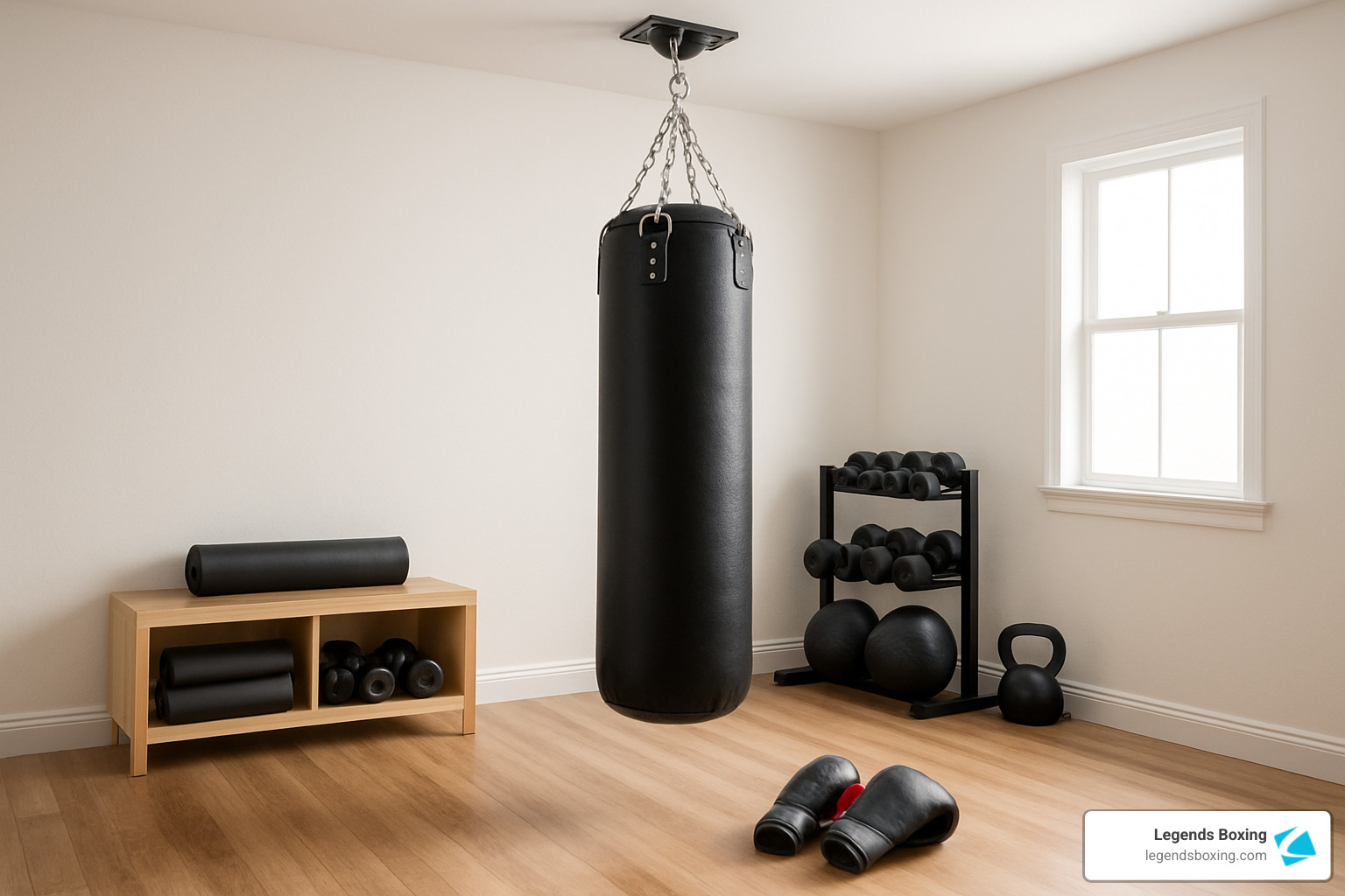 Clean home gym setup — black heavy bag hanging from ceiling chain in a bright white room, boxing gloves on the floor, dumbbell rack, kettlebell, medicine ball, and storage bench — showing a simple, well-organized space for at-home boxing bag exercises for beginners
