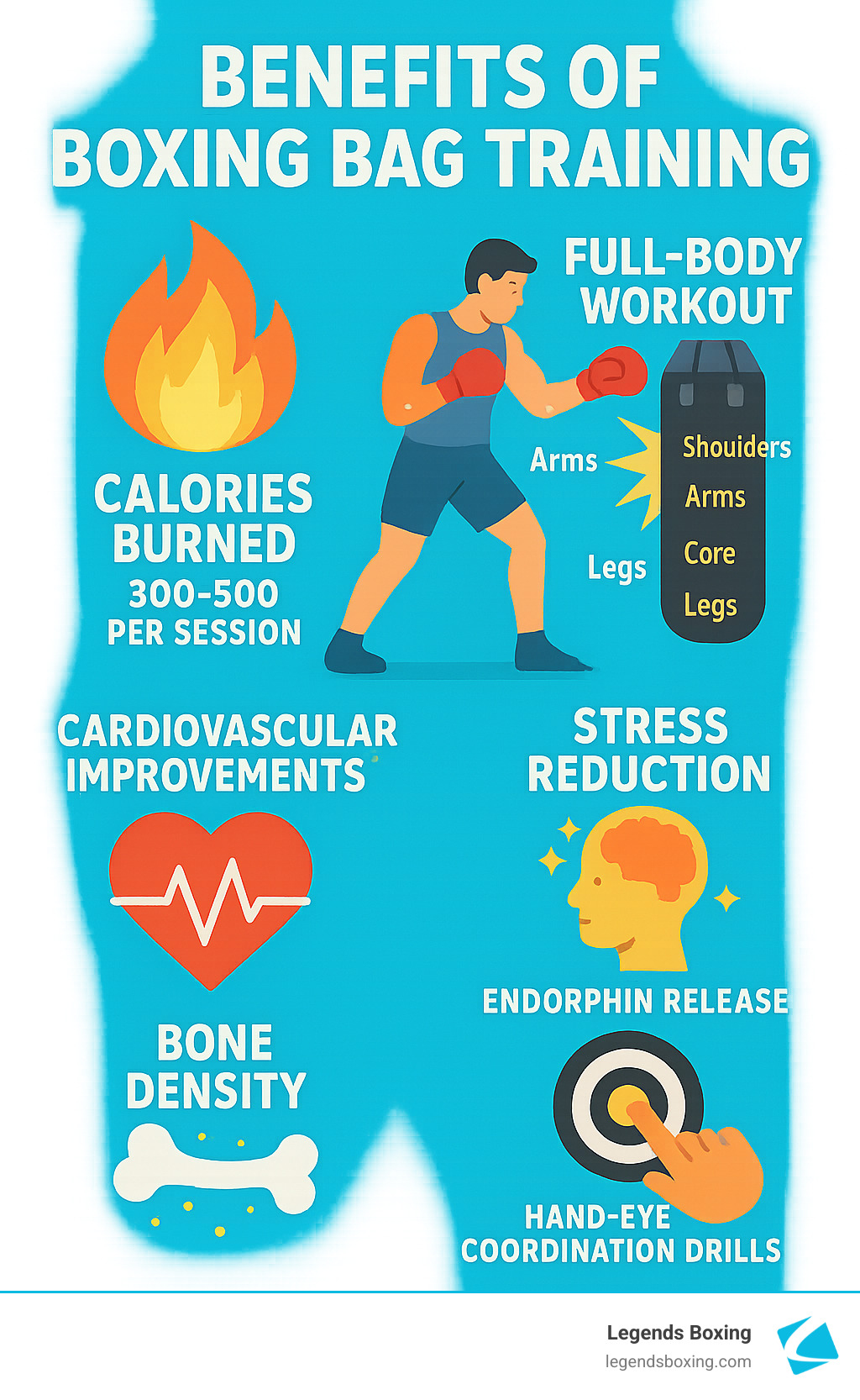 Benefits of Boxing Bag Training infographic: calories burned 300-500 per session, full-body workout engaging arms, shoulders, core, and legs, cardiovascular improvements, stress reduction through endorphin release, bone density increases, and hand-eye coordination drills — Legends Boxing