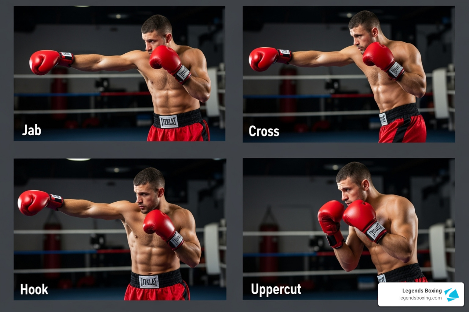 Four-panel collage showing the four core boxing punches — top left: Jab (lead hand extended straight), top right: Cross (rear hand fully extended), bottom left: Hook (elbow at 90 degrees, wide arc), bottom right: Uppercut (vertical drive from crouching position) — boxer in red Everlast gloves demonstrating each punch — boxing bag training technique guide — Legends Boxing