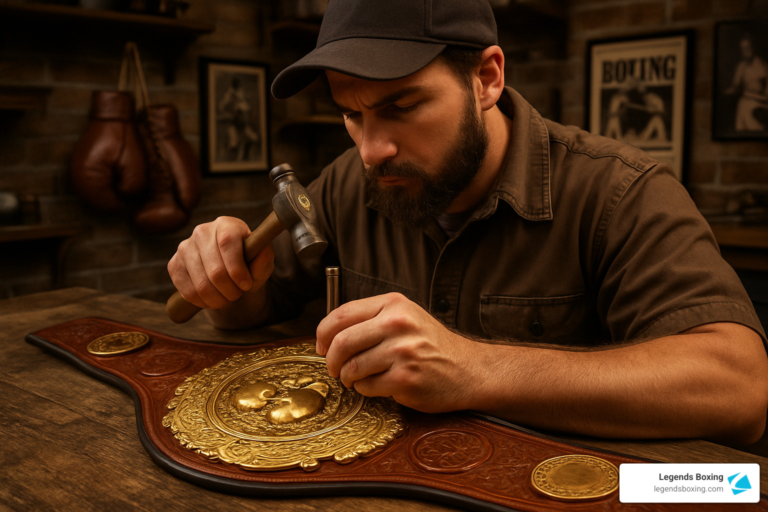 Master craftsman with cap and beard hand-tooling intricate gold detailing on a brown leather championship belt using a hammer and chisel — vintage boxing gloves hanging in background, "Boxing" poster on the brick wall — showing the meticulous artistry behind every championship belt