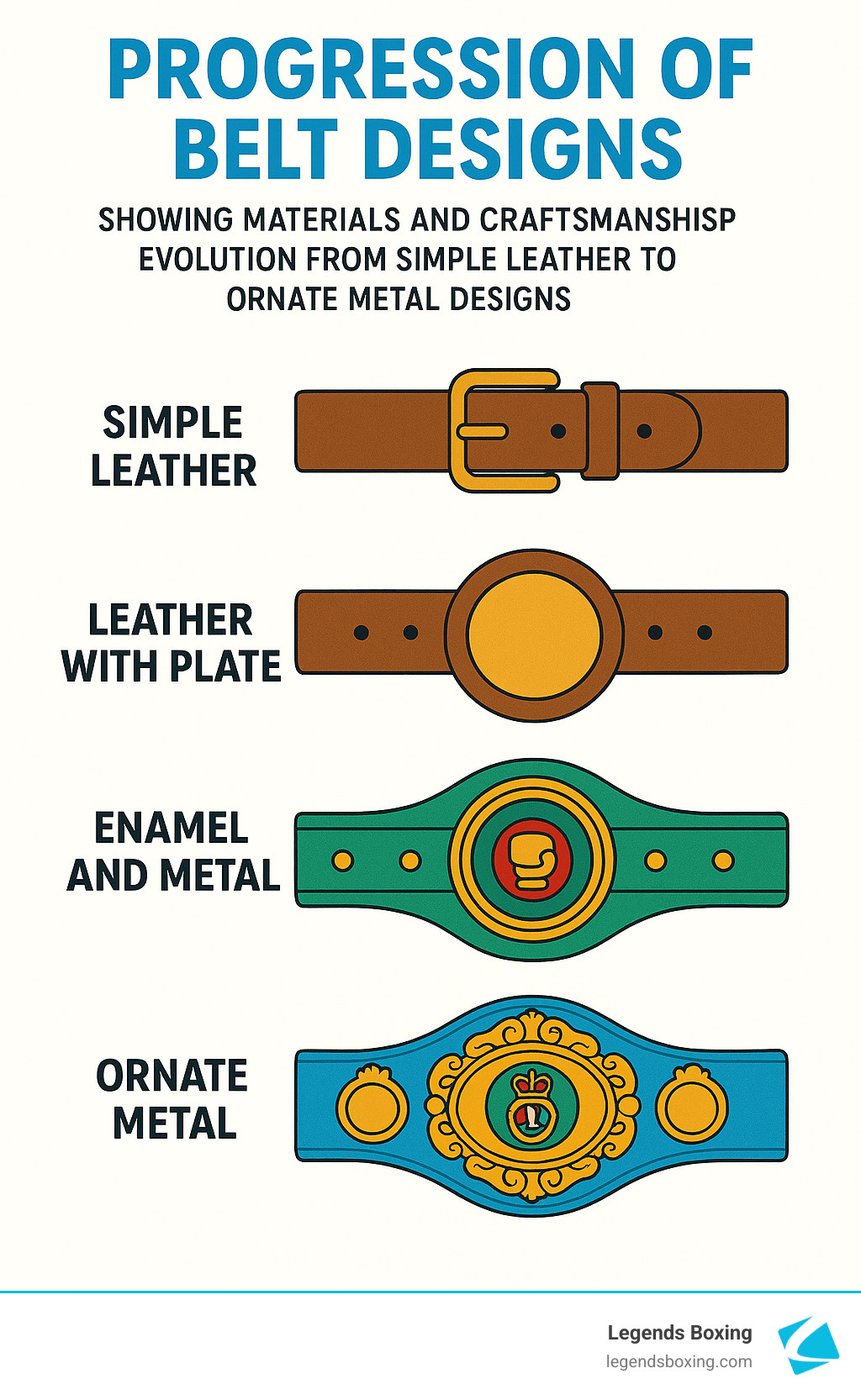 Progression of Belt Designs infographic — four rows showing materials evolution: Simple Leather (plain brown belt with buckle) / Leather with Plate (brown belt with gold medallion) / Enamel and Metal (teal belt with enameled fist centerpiece) / Ornate Metal (blue belt with elaborate gold centerplate) — Legends Boxing branded