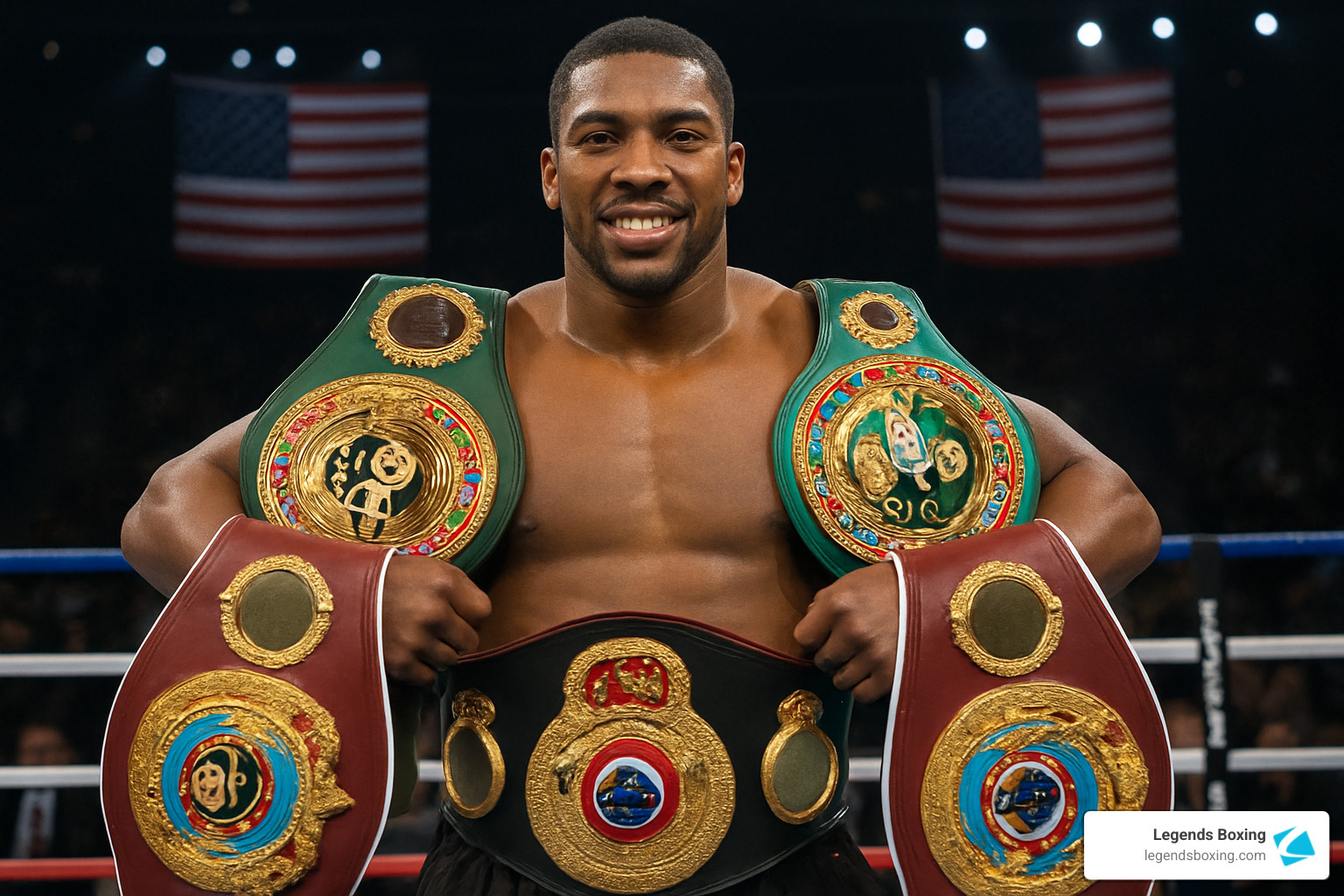 Boxer smiling and holding four championship belts in a packed arena — green and burgundy belts draped over his shoulders, two more held in front — American flags visible in the background — representing the rare achievement of undisputed championship status