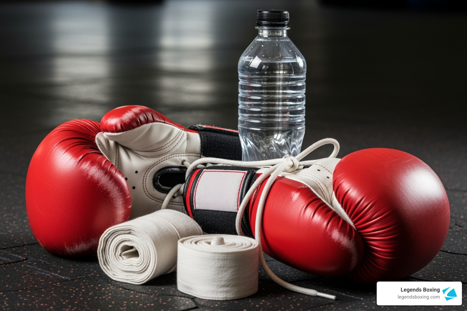 Red boxing gloves, white hand wraps, and a water bottle on a dark gym floor — essential boxing class gear — Legends Boxing