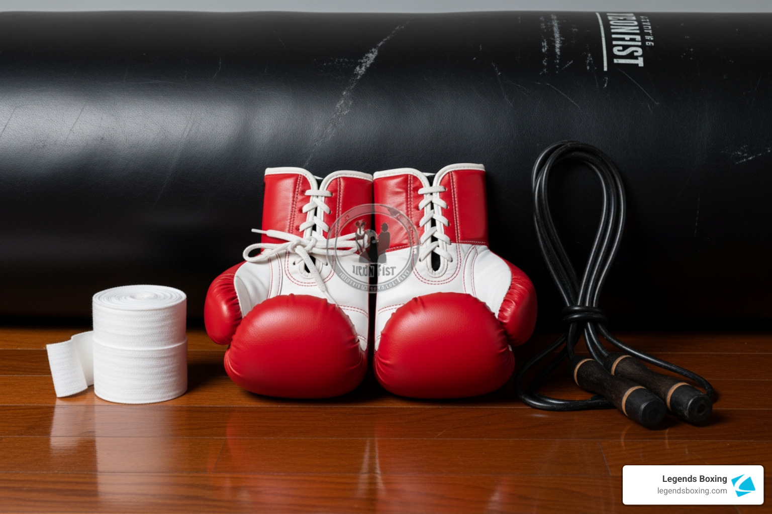 Essential boxing fitness equipment: gloves, hand wraps, and jump rope