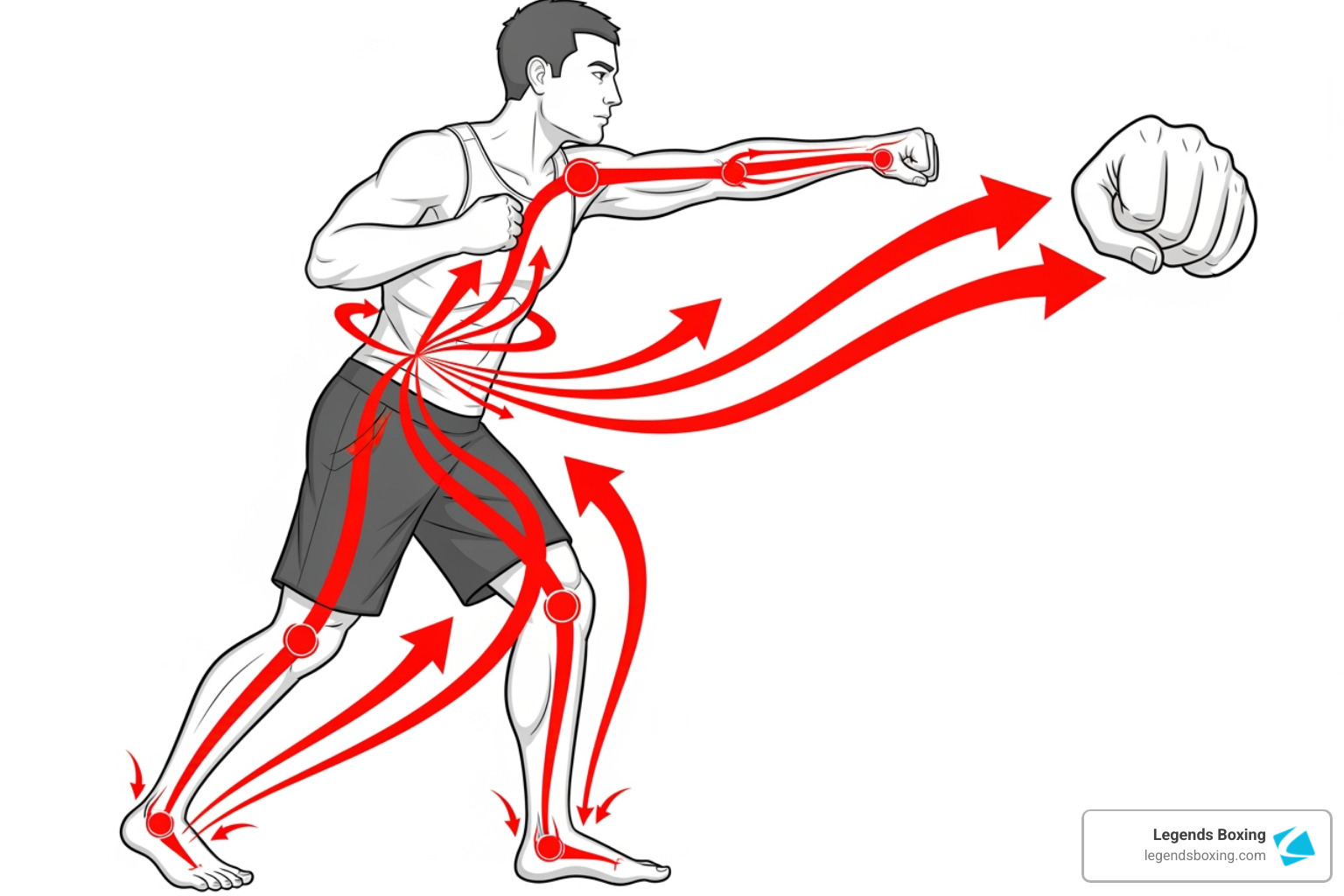 Kinetic chain diagram — how force travels from the ground up through a punch