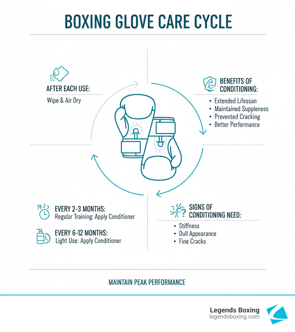 Boxing glove care cycle infographic — wipe after each use, condition every 2–3 months, and watch for signs of dryness