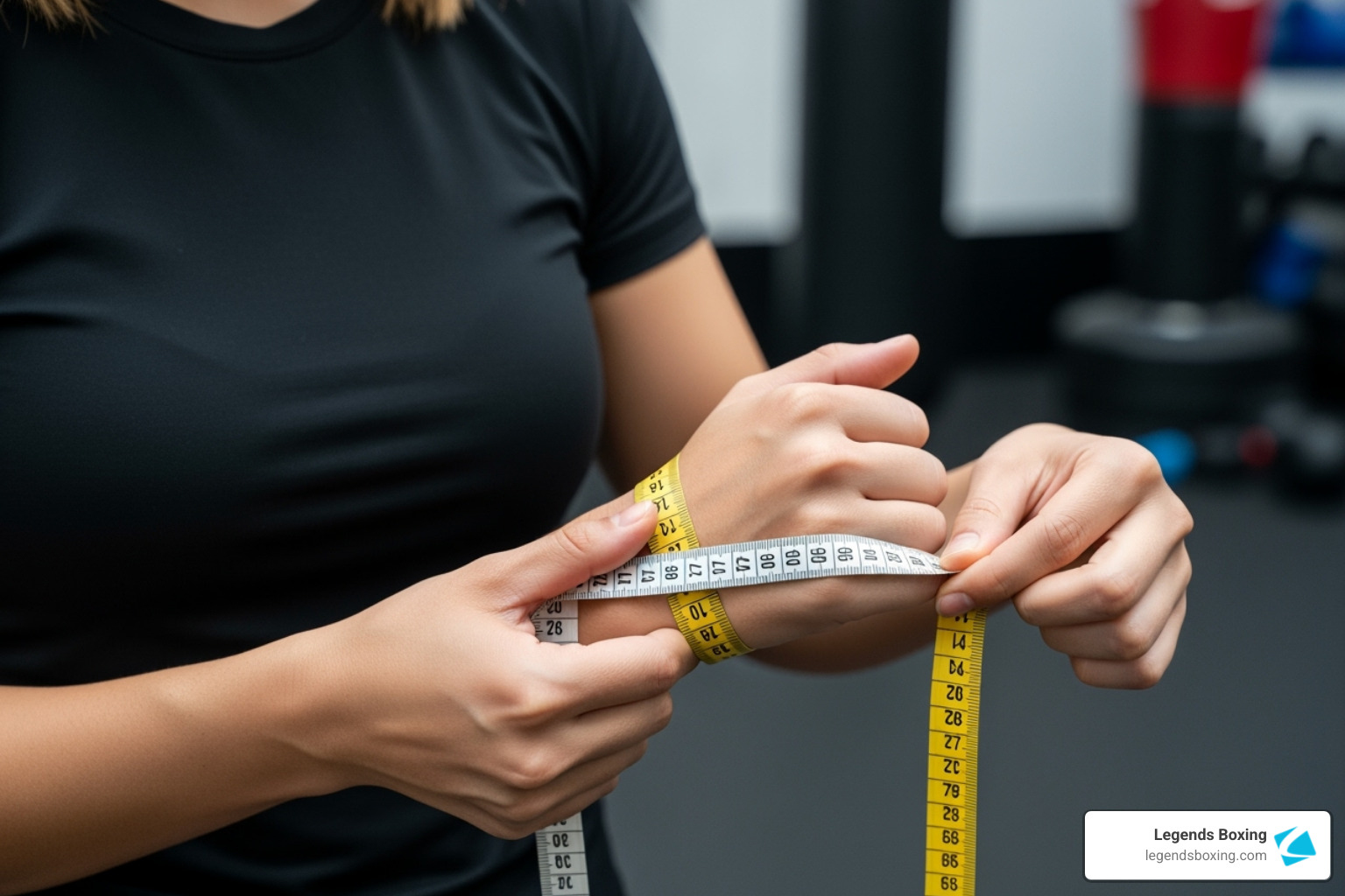 Person measuring hand circumference with a tape measure in the gym