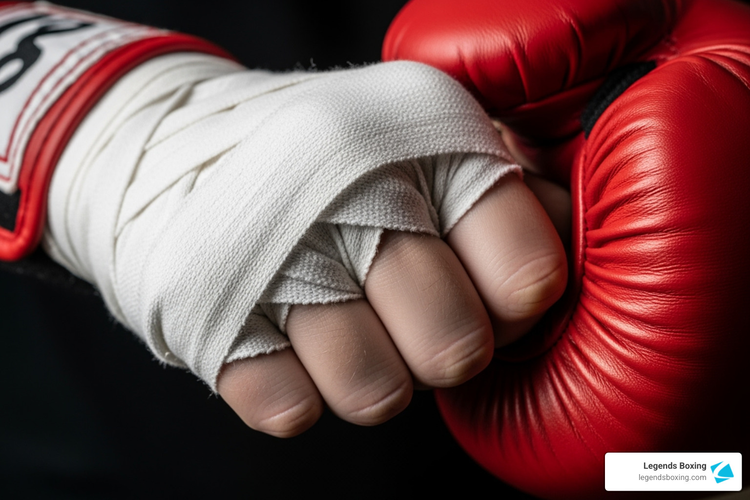 Hand wrapped in white hand wraps sliding into a red boxing glove — demonstrating proper glove fit with wraps — boxing glove size for punching bag — Legends Boxing