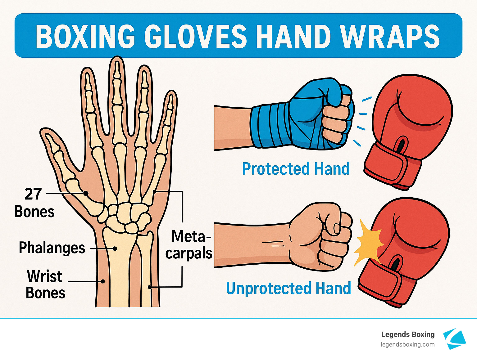 Boxing Gloves Hand Wraps infographic: diagram of the 27 bones in the hand (phalanges, metacarpals, wrist bones) alongside a comparison of a protected hand wrapped in blue with boxing glove vs an unprotected hand taking impact — Legends Boxing