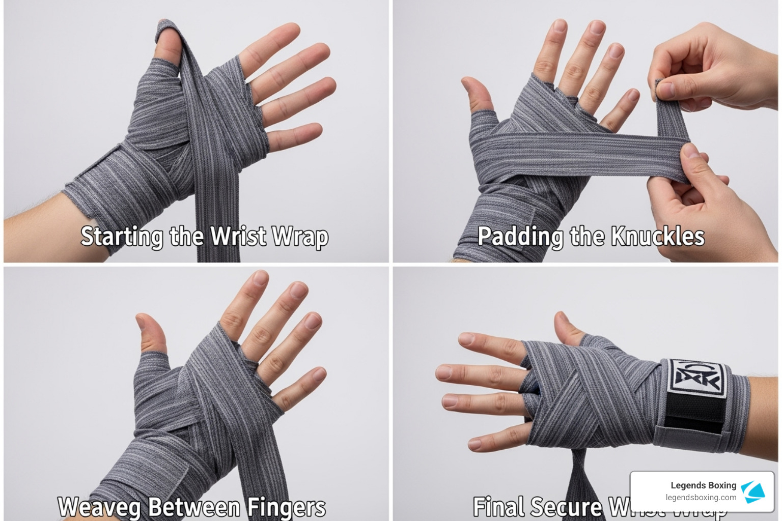 Four-panel step-by-step hand wrapping guide — top left: Starting the Wrist Wrap (thumb loop secured, wrap around wrist), top right: Padding the Knuckles (three passes across knuckles with fingers spread), bottom left: Weaving Between Fingers (wrap through each finger gap), bottom right: Final Secure Wrist Wrap (velcro closure finished) — Legends Boxing