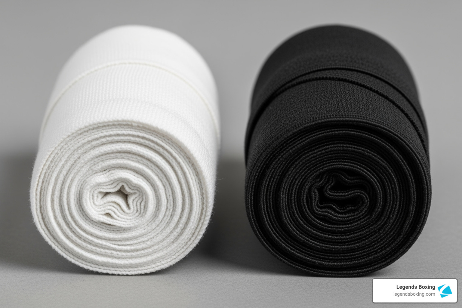 Two rolls of hand wraps side by side — white cotton wrap on the left and black elastic Mexican-style wrap on the right — shown on a neutral grey background, Legends Boxing branded