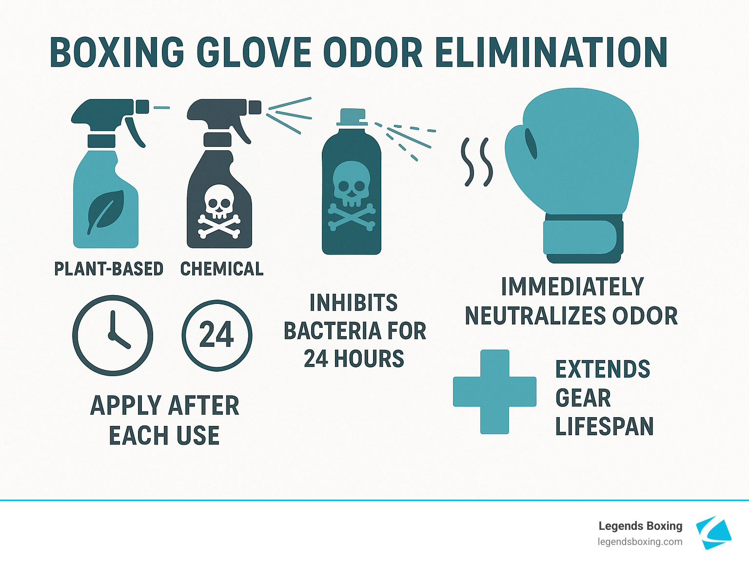 Boxing Glove Odor Elimination infographic — three spray bottle icons (plant-based, chemical, spray) pointing at glove — Apply After Each Use / Inhibits Bacteria for 24 Hours / Immediately Neutralizes Odor / Extends Gear Lifespan — Legends Boxing