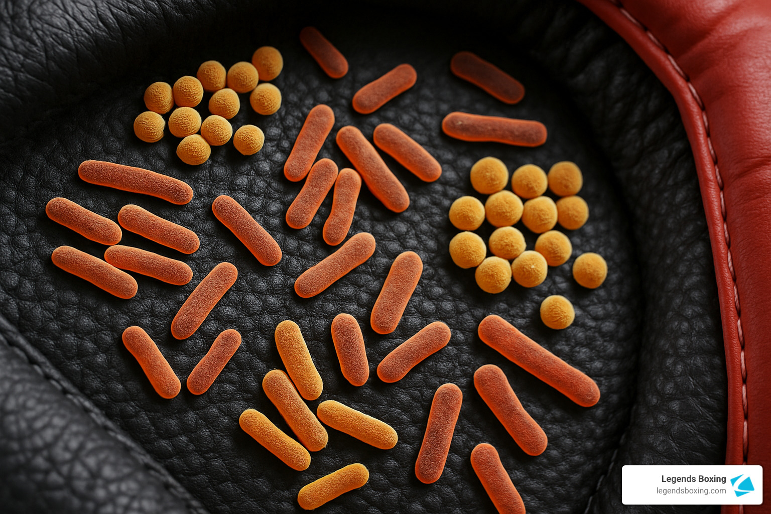 Microscopic visualization of orange rod-shaped bacteria and yellow spherical bacteria colonies on black leather boxing glove surface — illustrating the warm-humid microclimate that drives odor buildup inside gloves