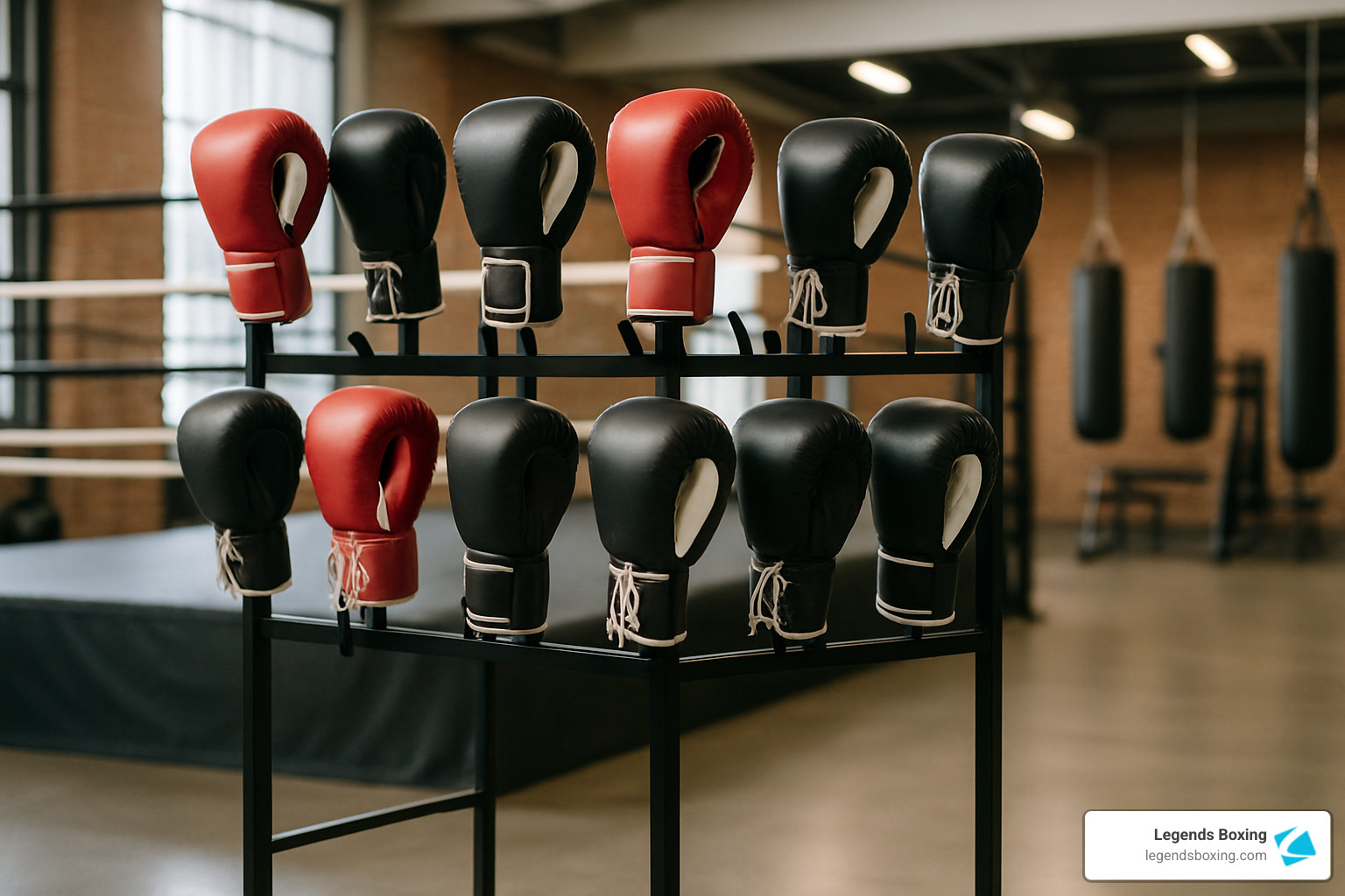 Multiple red and black boxing gloves on a two-tier metal display rack in a gym — boxing ring and heavy bags visible in the background — proper glove storage and drying display at Legends Boxing