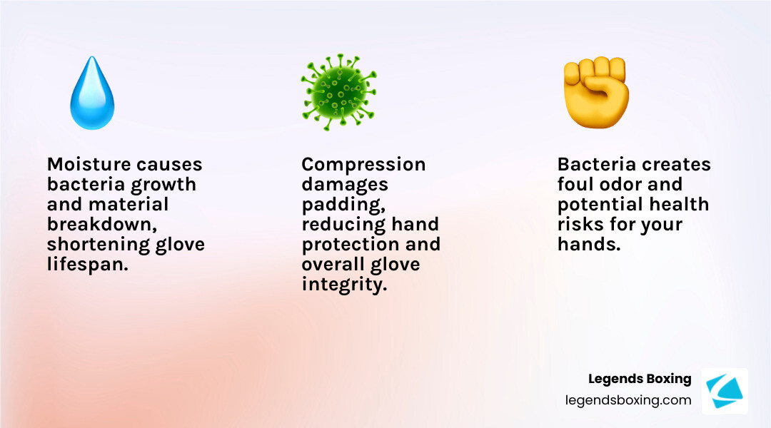 Three enemies of boxing gloves infographic — Moisture (water drop): causes bacteria growth and material breakdown, shortening glove lifespan; Compression (fist): damages padding, reducing hand protection and overall glove integrity; Bacteria (virus): creates foul odor and potential health risks for your hands — Legends Boxing