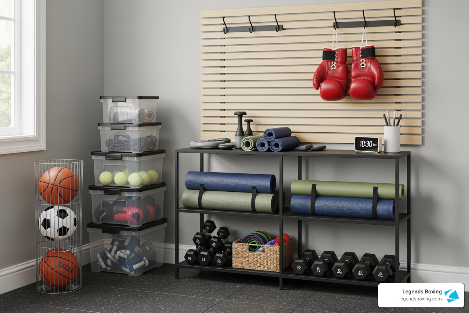 Organized home gym corner showing a slatted wood pegboard with black hooks and red boxing gloves hanging, a black steel shelving unit with yoga mats and dumbbells, stacked clear storage bins, and a vertical wire ball caddy — a complete, tidy fight station setup
