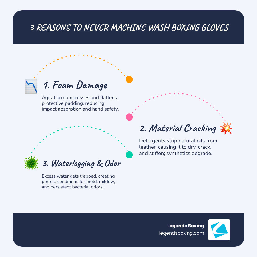 3 Reasons to Never Machine Wash Boxing Gloves: foam damage, material cracking, waterlogging and odor
