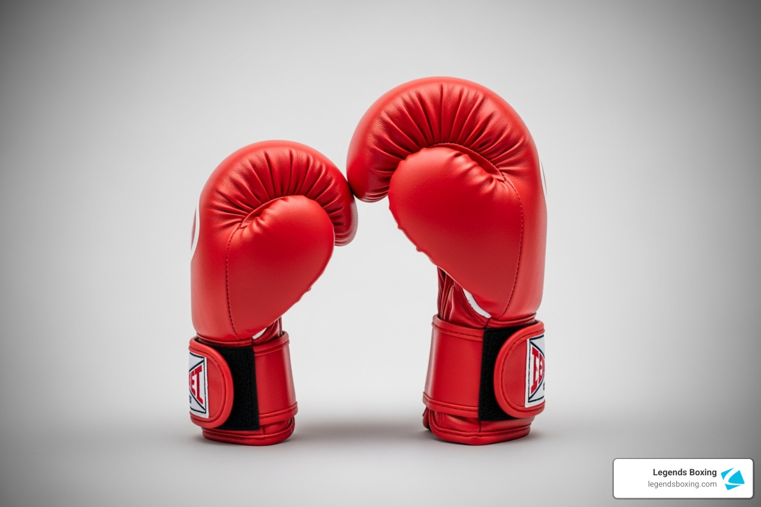 Two red boxing gloves standing upright touching at the knuckles — illustrating the subtle size difference between a smaller and a slightly larger youth glove