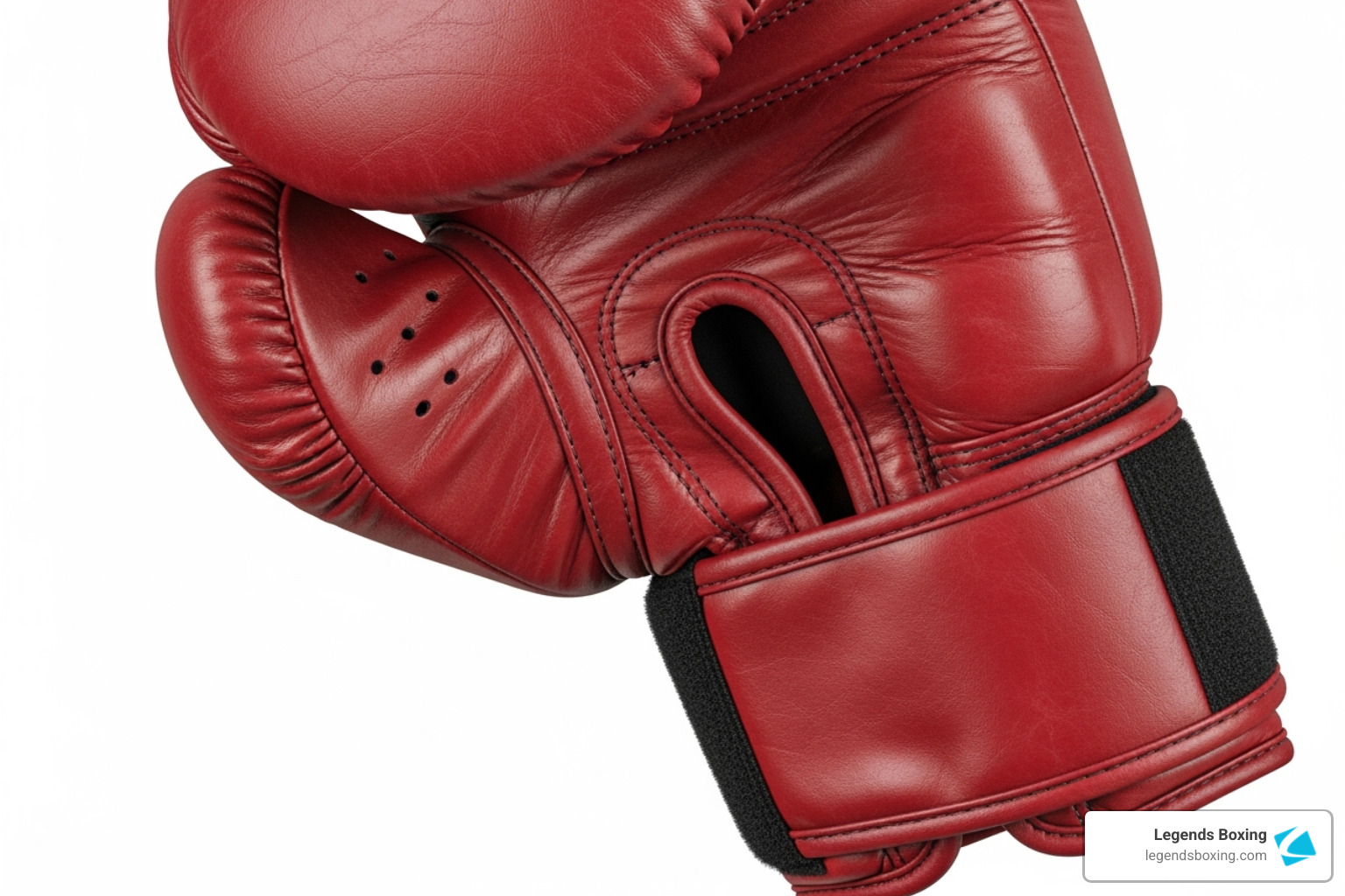 Close-up of a red leather boxing glove showing the padded knuckle area, ventilation holes, tied thumb attachment, and black velcro wrist closure — highlighting the key structural features of a quality youth boxing glove
