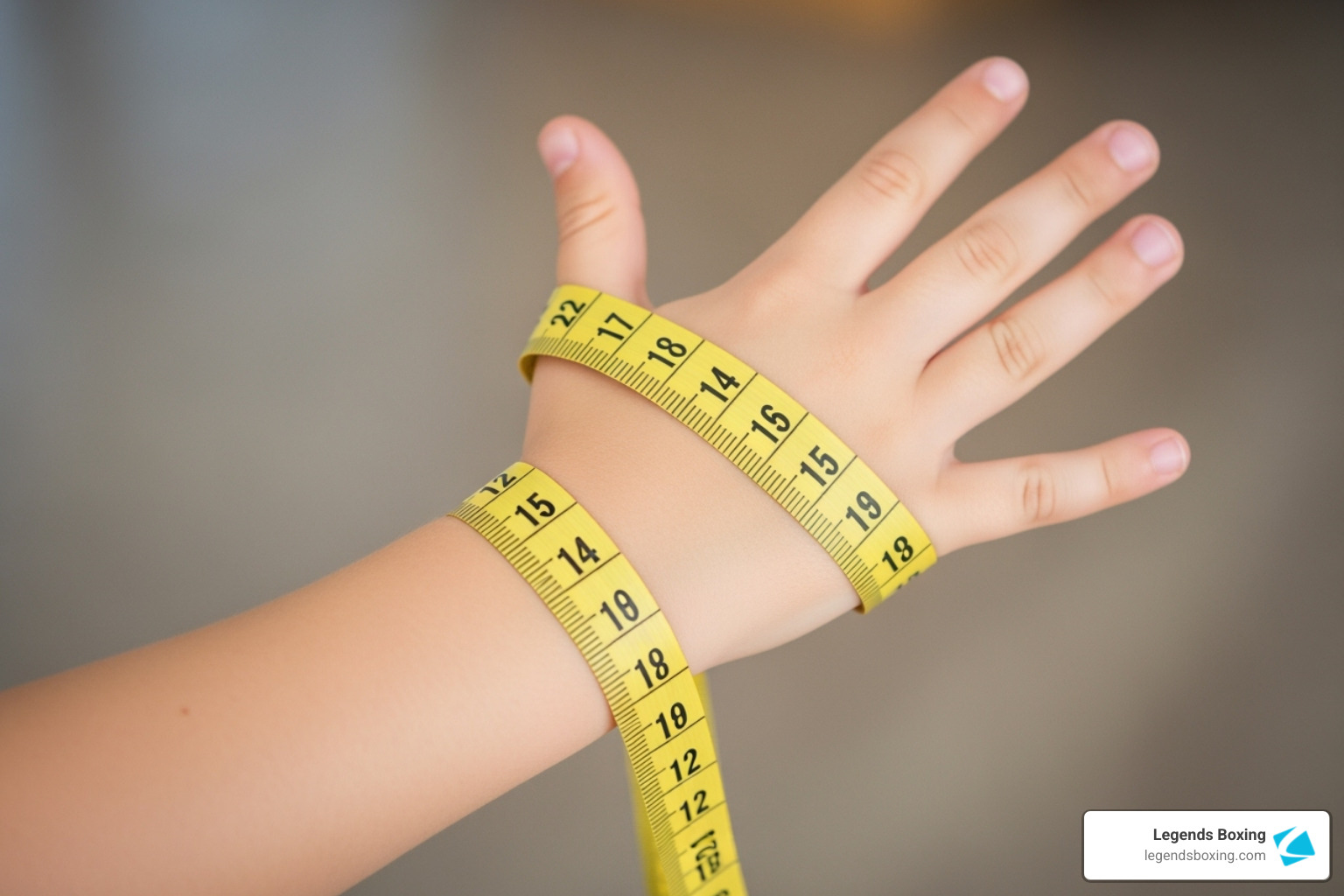 Child's small hand with a yellow flexible measuring tape wrapped around the knuckles and separately around the wrist — demonstrating how to measure for youth boxing glove sizing