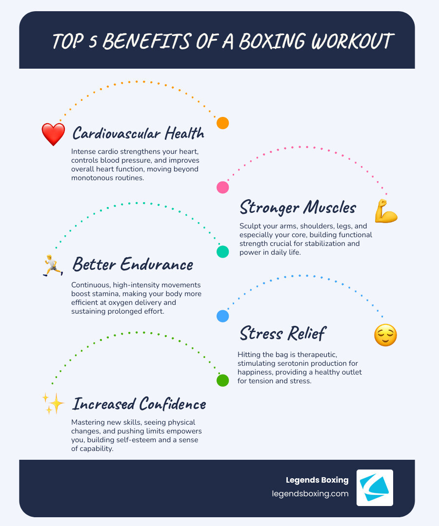 Top 5 Benefits of a Boxing Workout mind-map infographic — Cardiovascular Health (strengthens heart, controls blood pressure, improves overall function), Stronger Muscles (sculpts arms, shoulders, legs, and core), Better Endurance (boosts oxygen delivery and sustains prolonged effort), Stress Relief (stimulates serotonin production), Increased Confidence (mastering new skills, seeing physical changes) — Legends Boxing