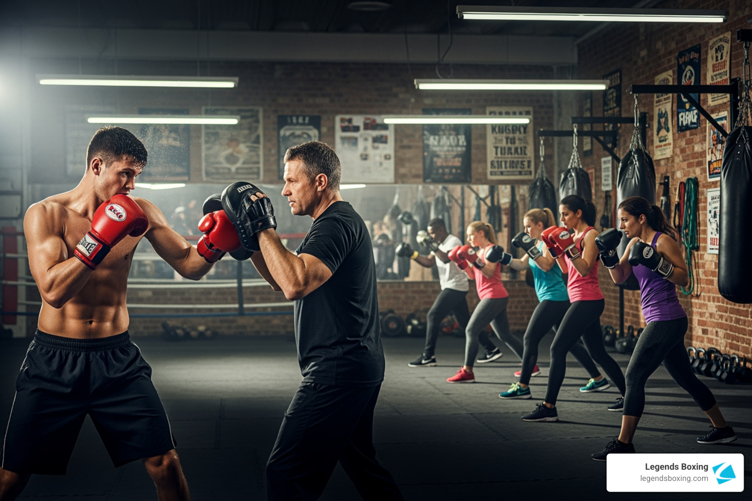 A full boxing class in action with trainer and students