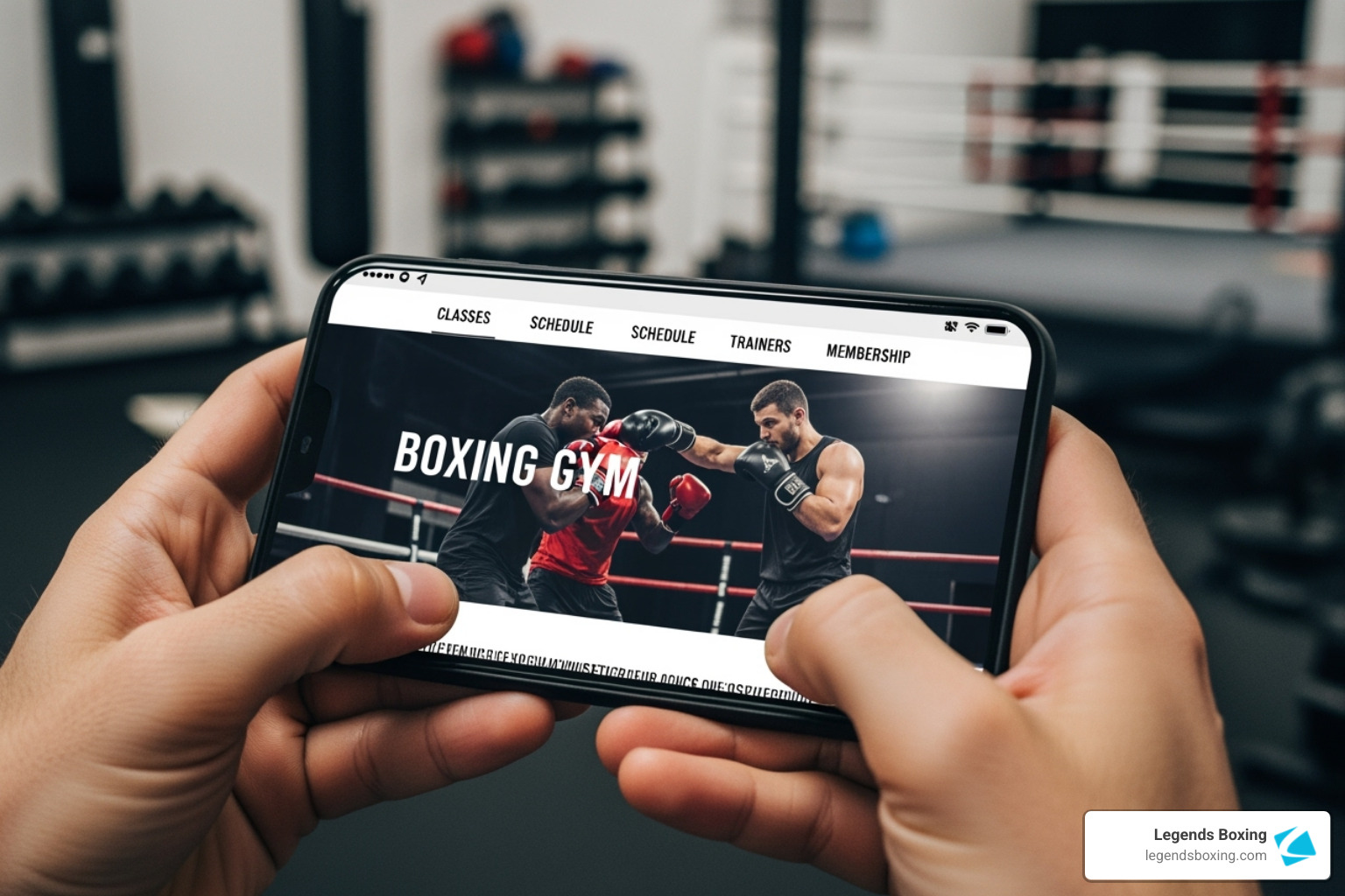Person holding a smartphone in landscape mode showing a "Boxing Gym" website with Classes, Schedule, Trainers, and Membership navigation — researching boxing gyms from a gym background