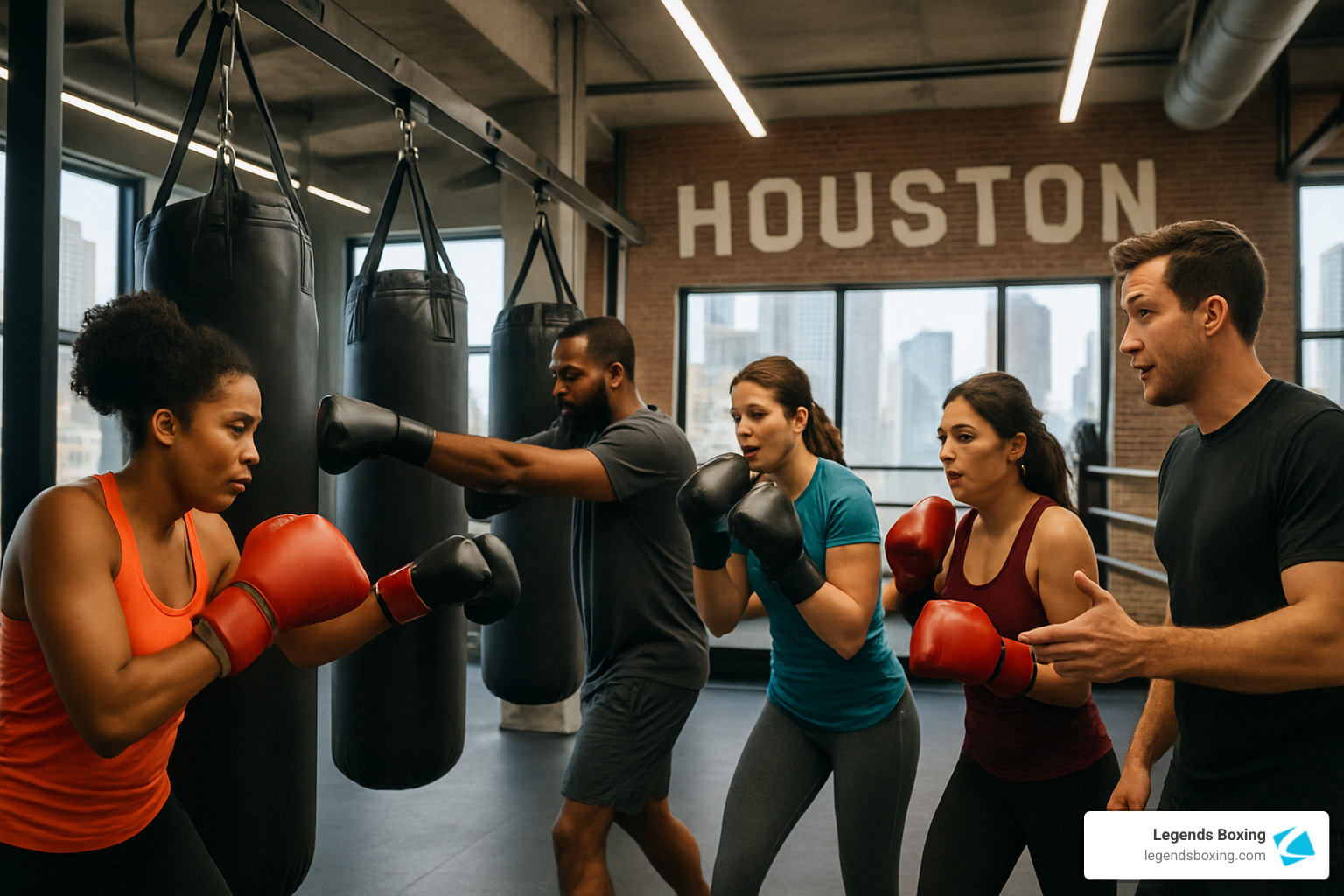 A diverse group of four adults in boxing gloves — orange, black, black, and red — train at heavy bags in a bright brick-wall Houston gym, a coach in black instructing from the right, the city skyline visible through large windows and "HOUSTON" in block letters on the wall behind them