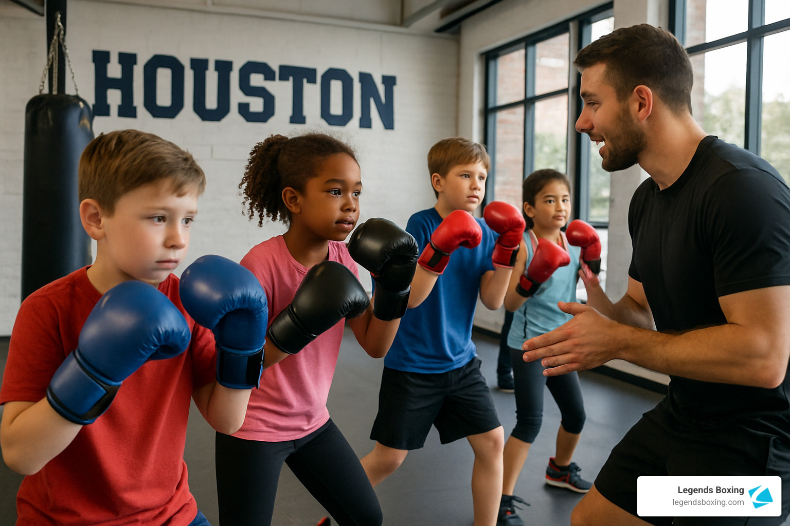 Four children in boxing gloves — blue, black, and red — stand in guard position in front of a smiling coach in black, "HOUSTON" painted in large block letters on the white brick wall behind them — youth boxing programs build focus, discipline, and confidence alongside fitness skills