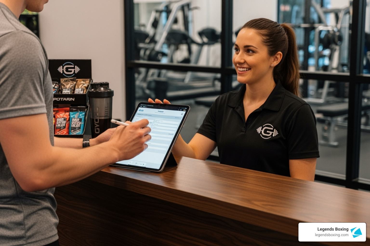 Smiling gym staff member at the front desk showing a new member how to sign up on a tablet — welcoming boxing gym experience — Legends Boxing