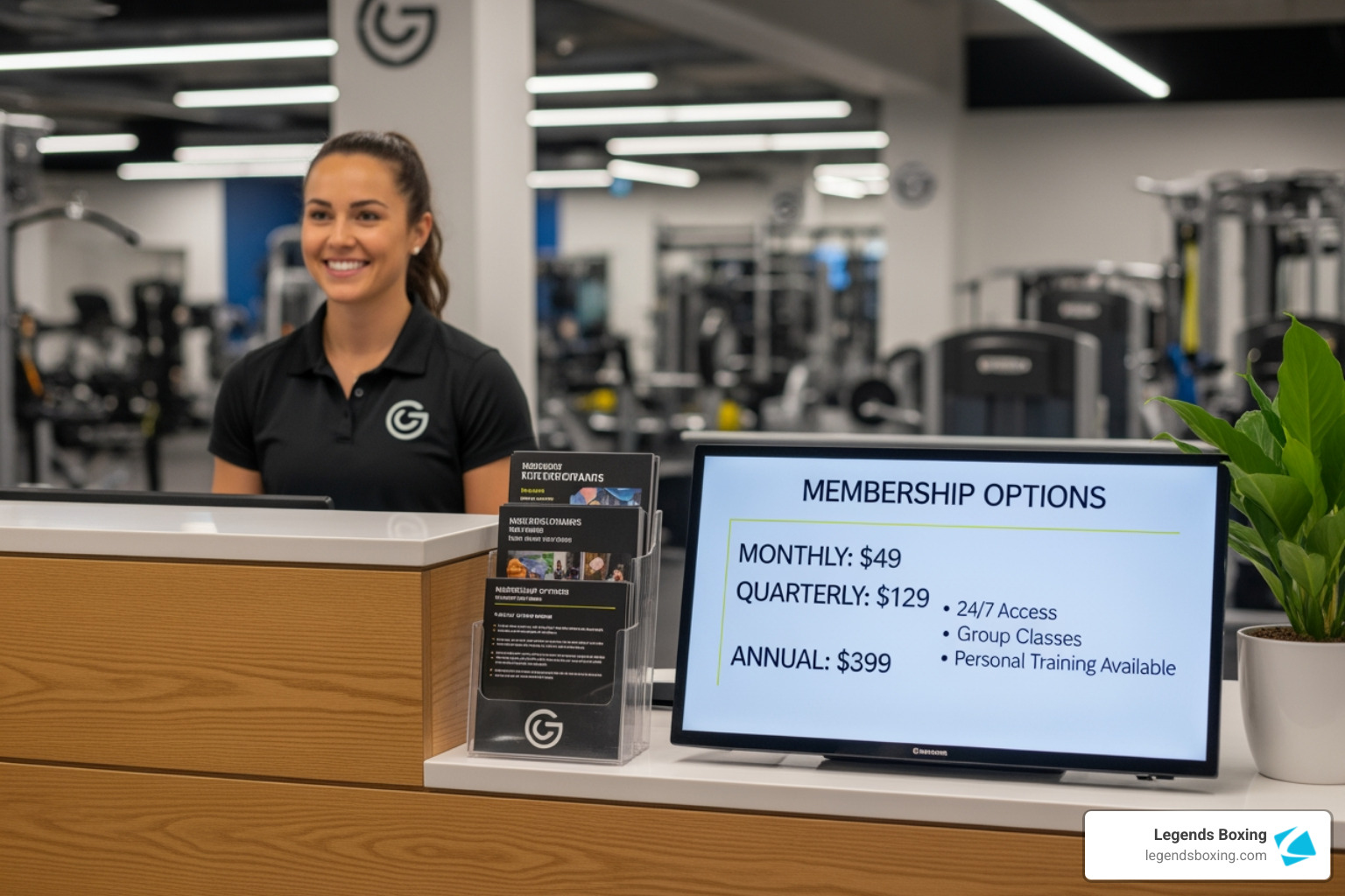 Gym front desk with clear membership options on display