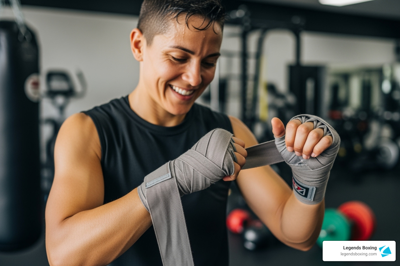 Smiling woman with short hair wrapping her hands with grey hand wraps before a boxing workout — gym equipment, heavy bags, and weights visible in the background — Legends Boxing