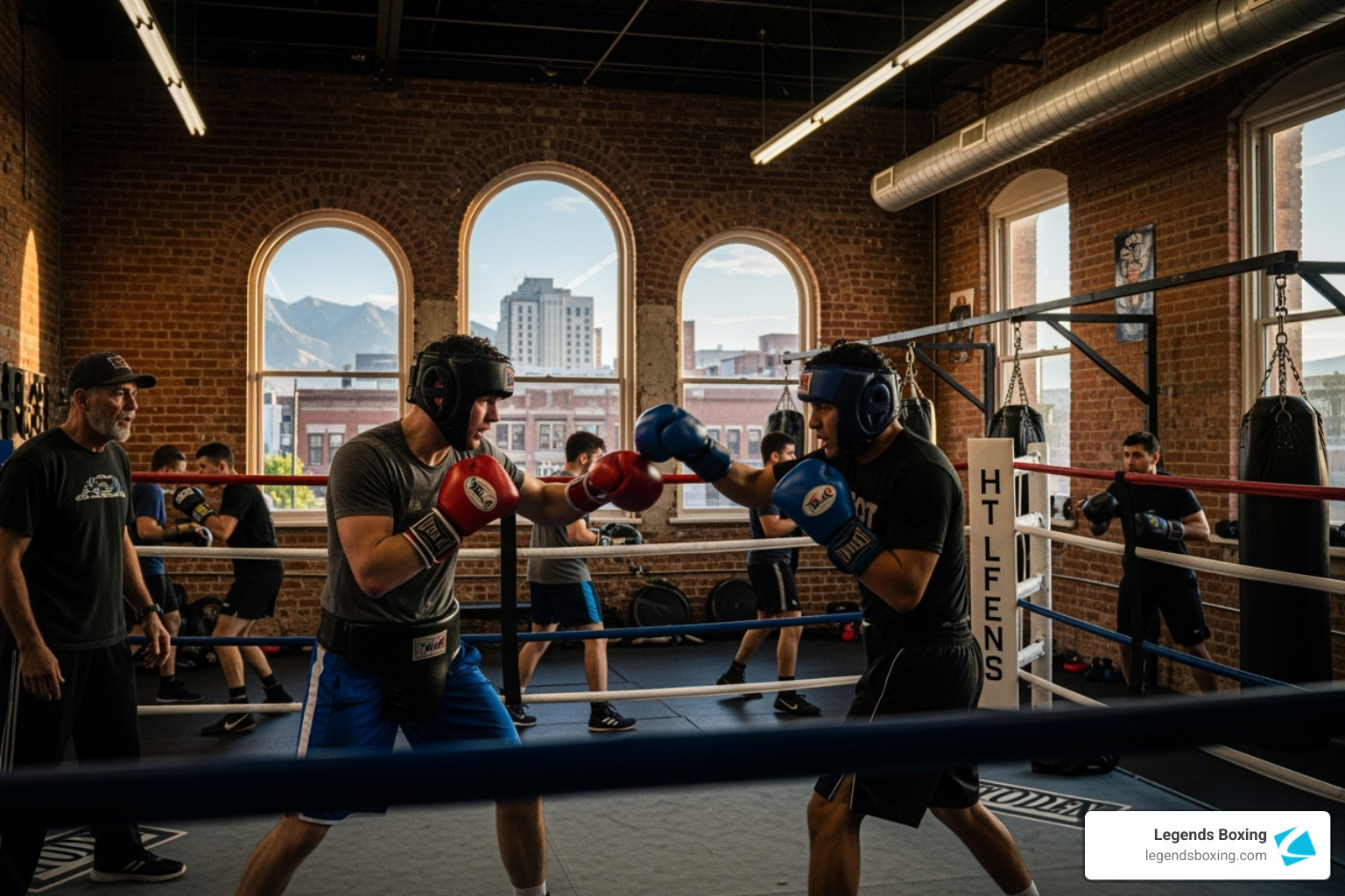 Two men sparring in a boxing ring wearing headgear — brick wall background with three arched windows showing Ogden mountains and downtown cityscape — coach watching from ringside, other members training on heavy bags in background — Legends Boxing