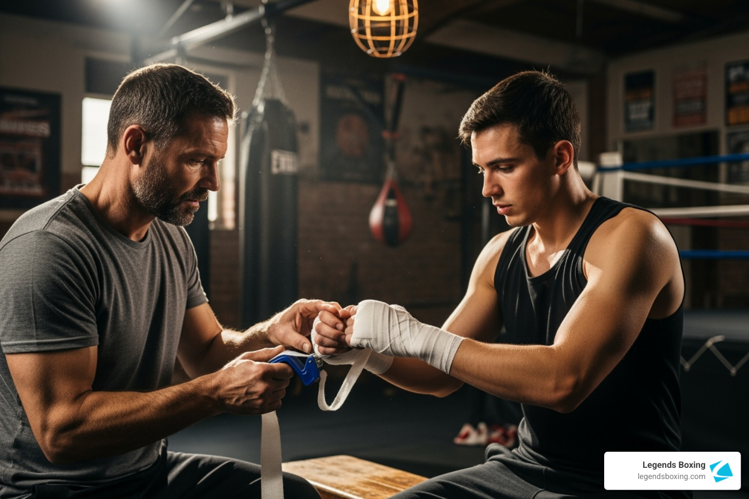 Experienced boxing coach carefully wrapping a young member's hands with white hand wraps — speed bag and boxing ring visible in the background — new member getting ready for their first class at Legends Boxing Orem Utah
