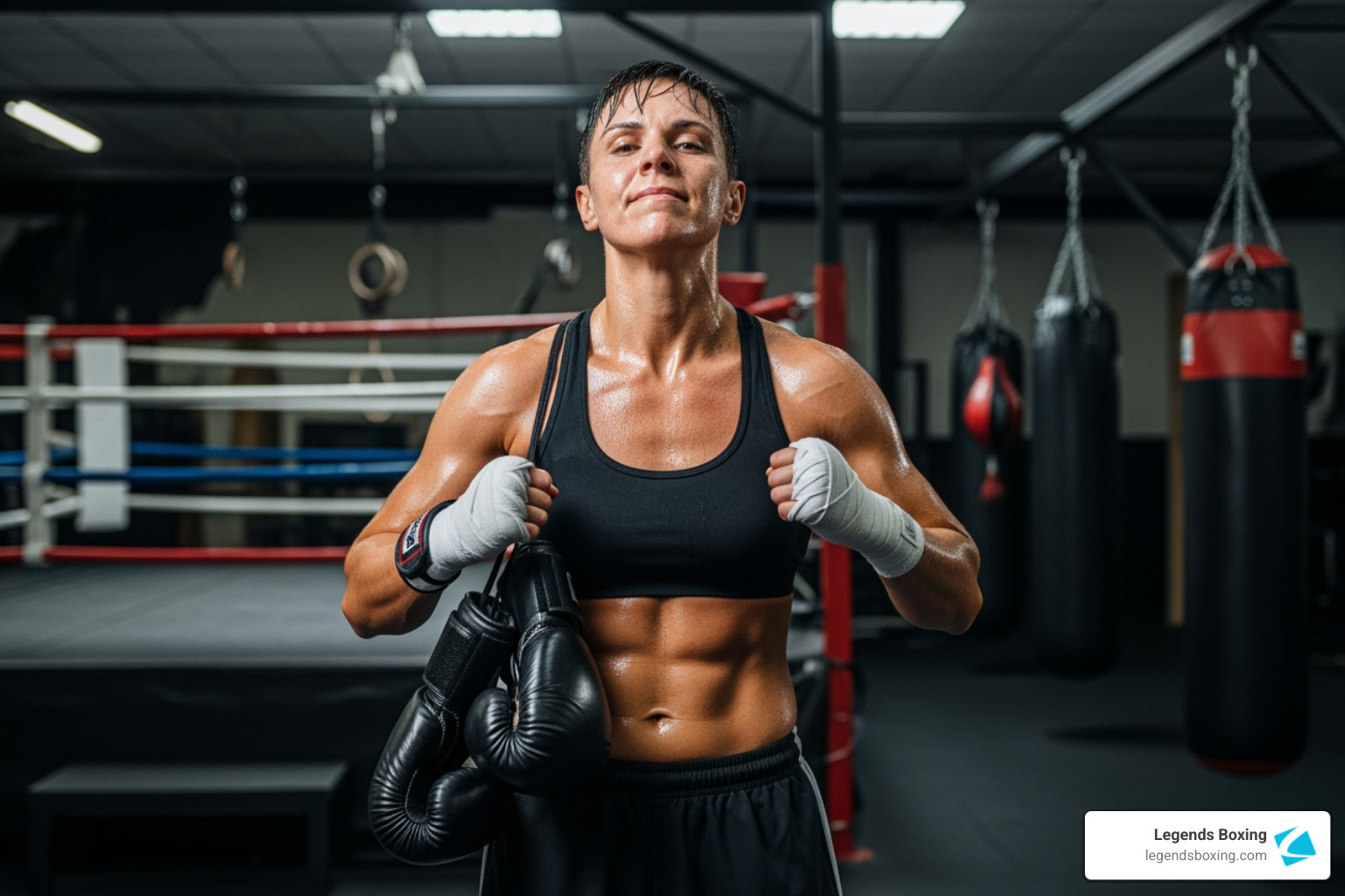 Confident woman after a boxing workout — sweaty, wraps on fists, holding black boxing gloves, boxing ring and heavy bags visible in background — Legends Boxing Salt Lake City