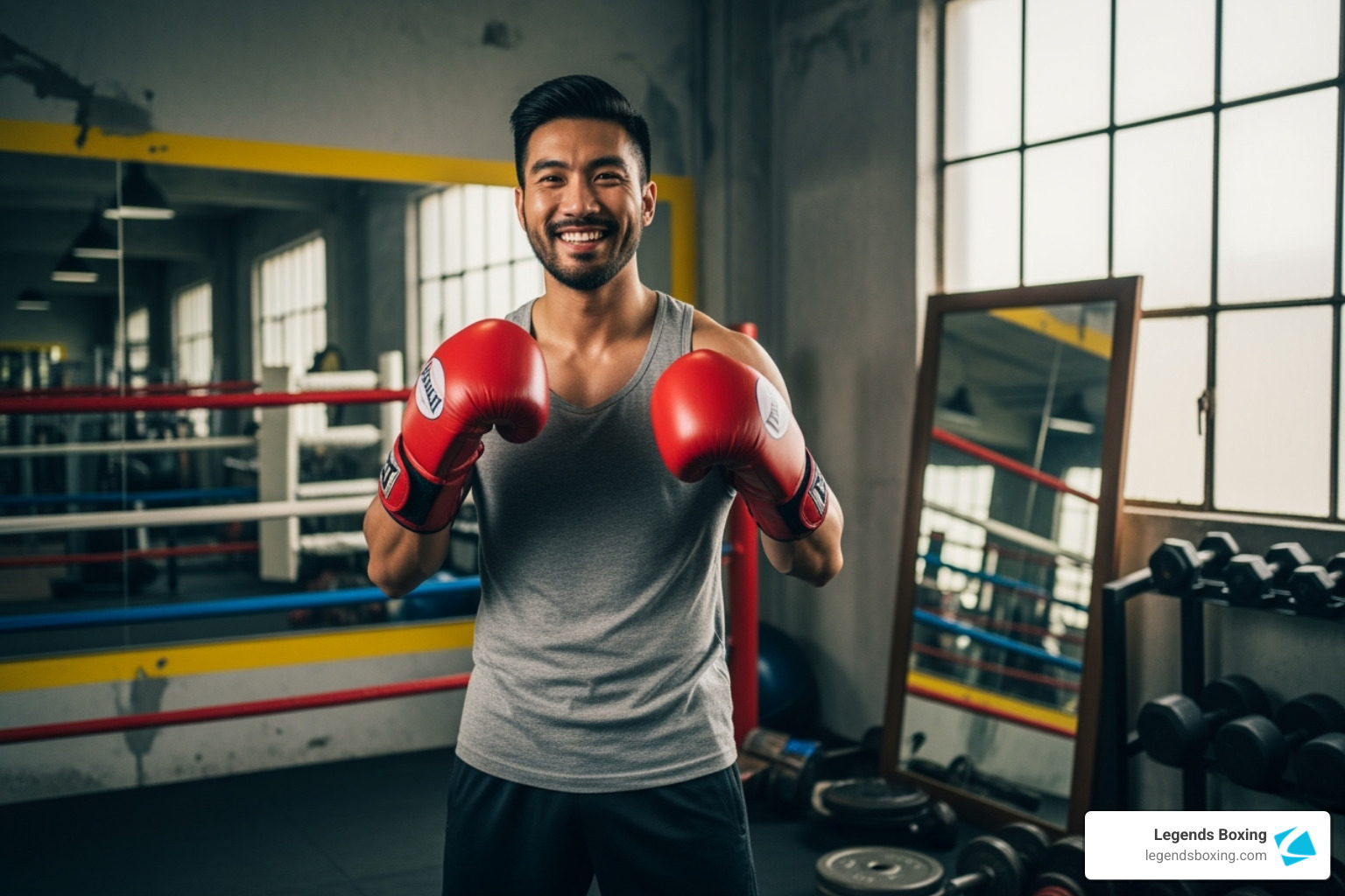 Smiling man in grey tank top with red boxing gloves in guard position — boxing ring with colorful ropes and mirror wall behind him — happy, confident boxer at a West Jordan Utah gym — Legends Boxing