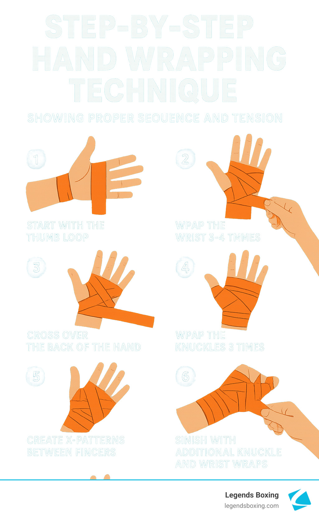 Step-by-Step Hand Wrapping Technique infographic — six illustrated panels showing proper hand wrapping sequence: (1) Start with the thumb loop, (2) Wrap the wrist 3–4 times, (3) Cross over the back of the hand, (4) Wrap the knuckles 3 times, (5) Create X-patterns between fingers, (6) Finish with additional knuckle and wrist wraps — Legends Boxing branded