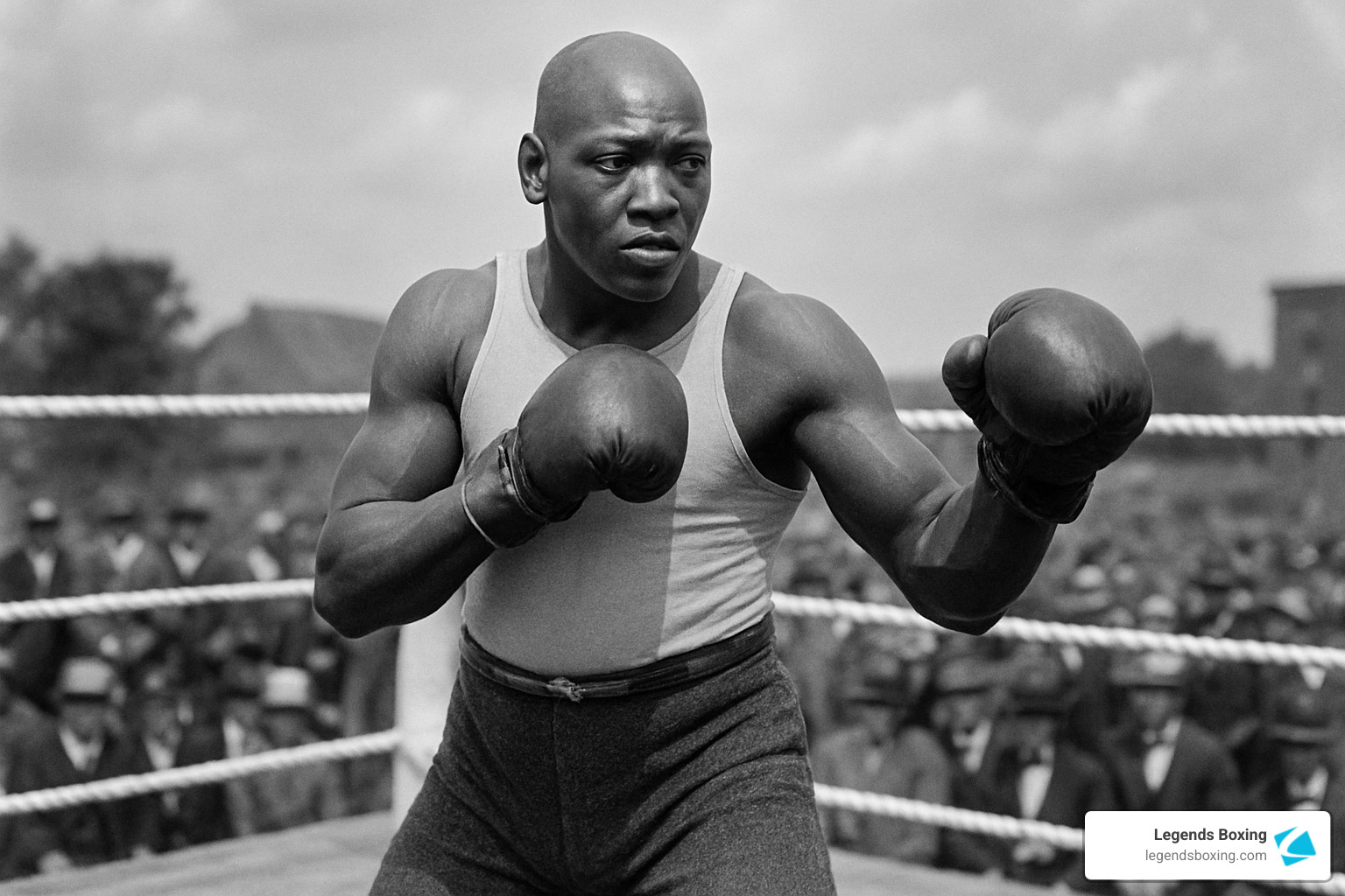 Vintage black-and-white photograph of a powerfully built champion boxer in fighting stance inside a boxing ring — crowd packed behind the ropes, dramatic overcast sky — early 20th-century heavyweight era — boxing history, Jack Johnson era — Legends Boxing