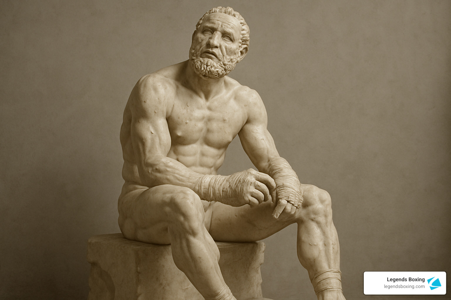 Ancient Greek Boxer at Rest — marble sculpture of a bearded, muscular athlete seated with wrapped hands (himantes), gazing upward — a masterpiece of Hellenistic bronze sculpture capturing the weight of a fight just finished — boxing history