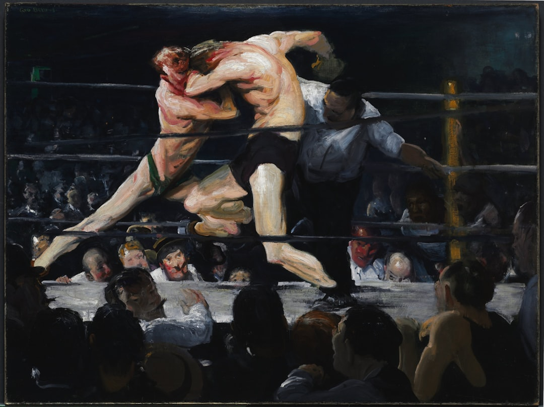 Stag at Sharkey's — George Bellows oil painting (c. 1909) depicting a ferocious bare-knuckle exchange in a crowded boxing club, referee separating the fighters, audience pressed against the ring — one of the most celebrated works of American sporting art — boxing history
